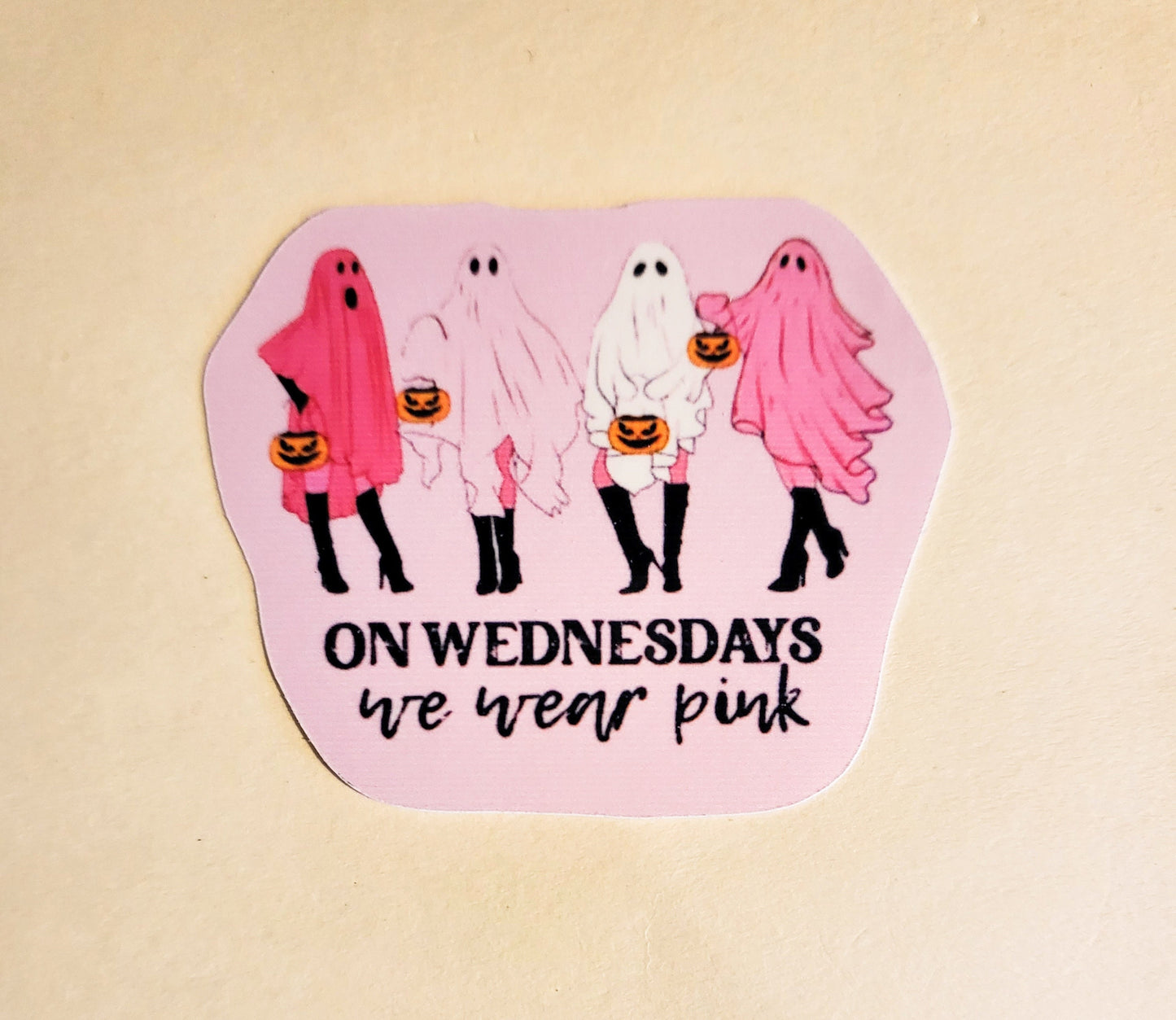 On Wednesdays We Wear Pink Sticker - Glossy 2.3" x 2"- stickers decal ghost creepy halloween spooky spoopy season cute ghosts mean girls