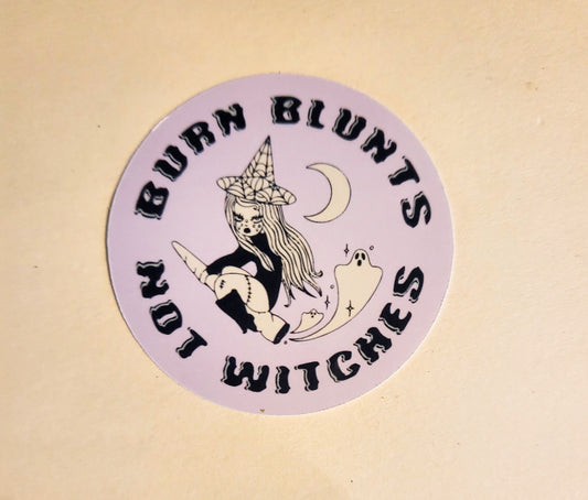 Burn Blunts, Not Witches Sticker - Glossy 2.2" - stickers decal 420 weed stoner high cannabis smoke gift witch halloween spooky season