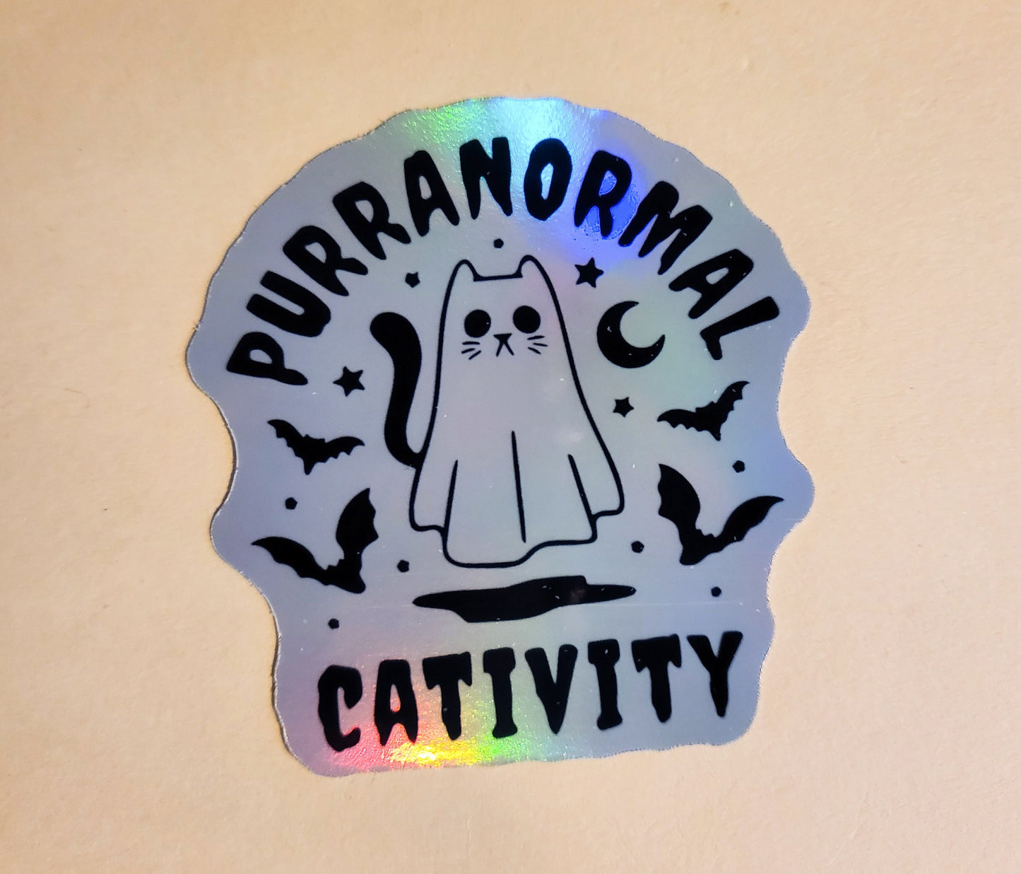 Purranormal Cativity Sticker -Holographic 2.3" x 2.5"- stickers decal halloween spooky season spoopy cat kitty paranormal activity cats gift