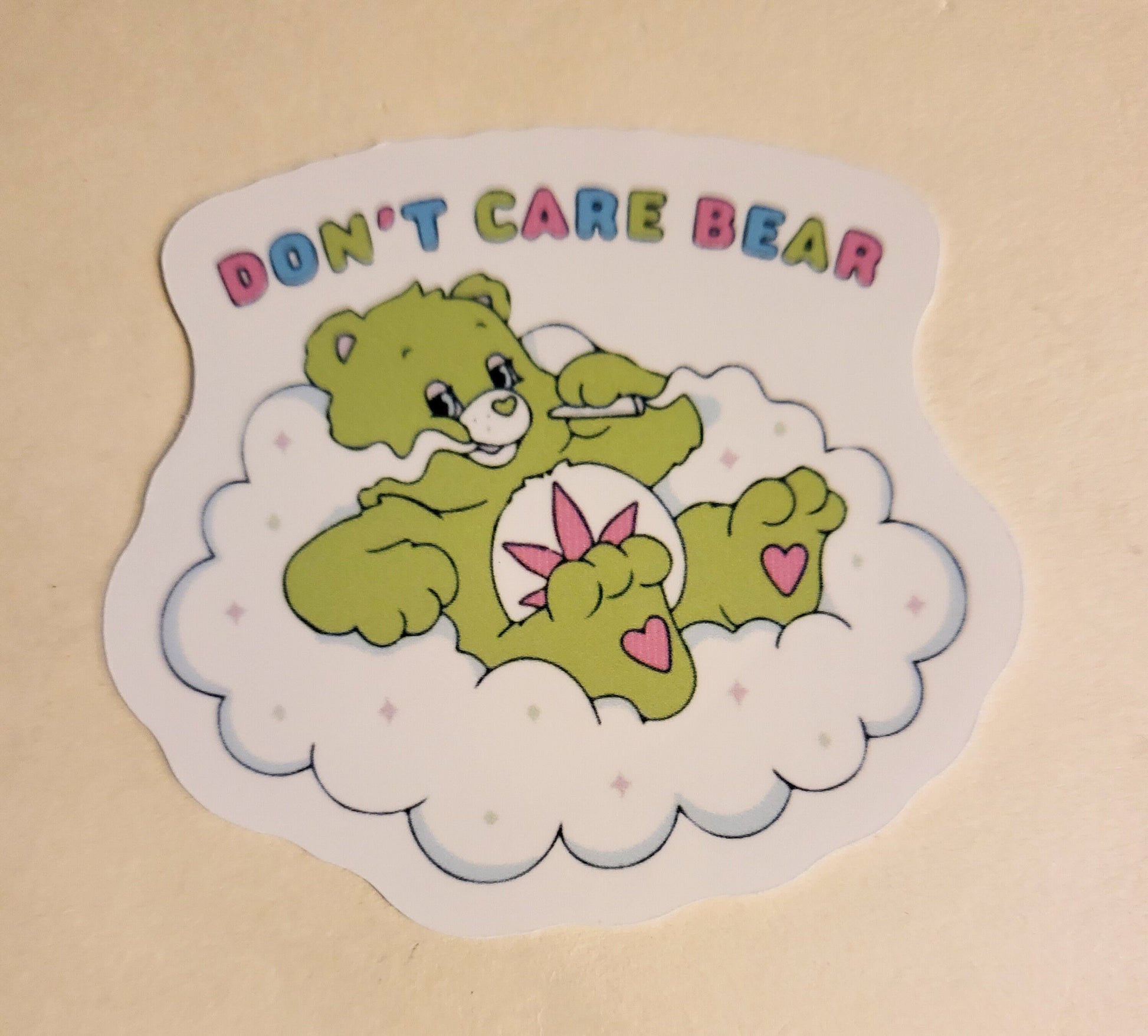 Don't Care Bear Sticker -Glossy 2.5" x 2.2"- stickers decal bears 420 weed pot leaf chill good vibes idc cute stoner stoned high gift laptop