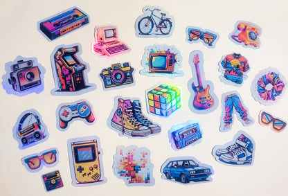 80s Neon Nostalgia Sticker Set - Pack of 25 Holographic Stickers - 1980s retro vintage rubix converse gameboy tetris cassette polaroid