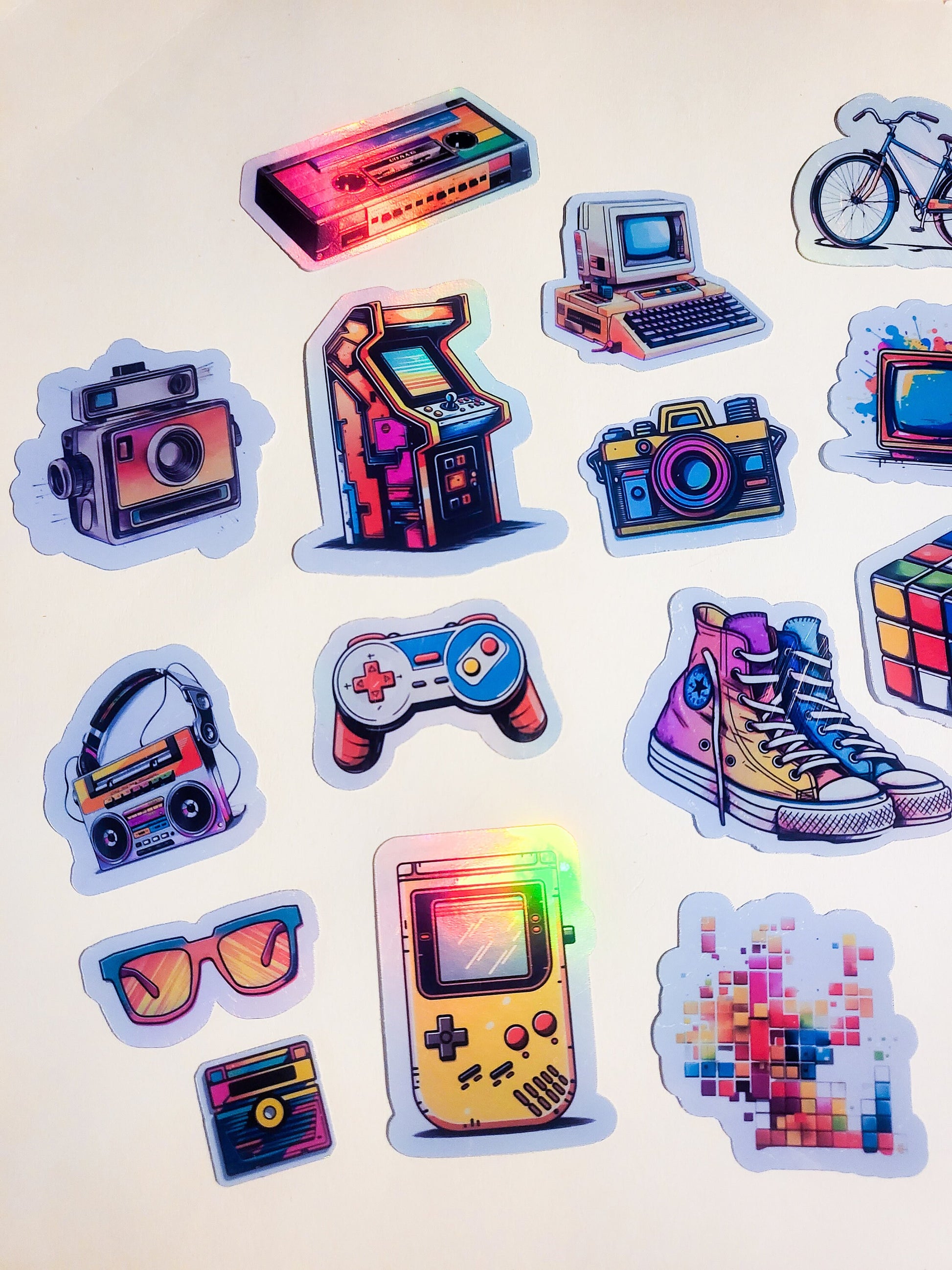 80s Neon Nostalgia Sticker Set - Pack of 25 Holographic Stickers - 1980s retro vintage rubix converse gameboy tetris cassette polaroid