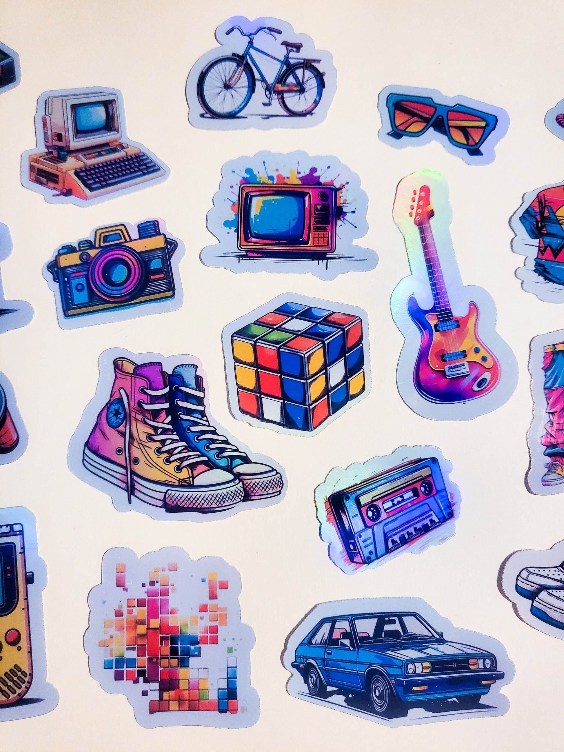 80s Neon Nostalgia Sticker Set - Pack of 25 Holographic Stickers - 1980s retro vintage rubix converse gameboy tetris cassette polaroid