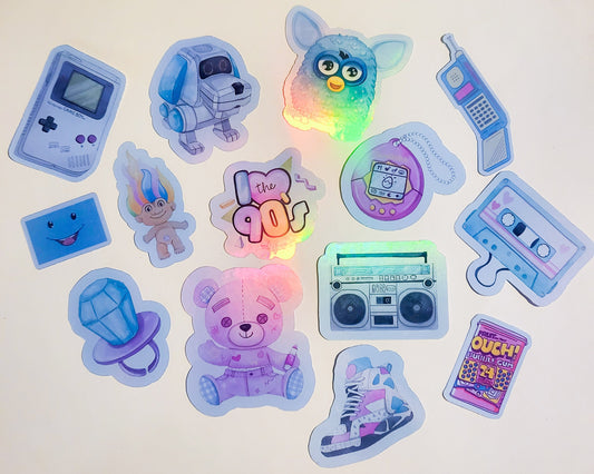 90s Pastel Nostalgia Sticker Set -Pack of 14 Holographic Stickers - 1990s retro vintage gameboy furby cassette ringpop doodlebear tamagotchi