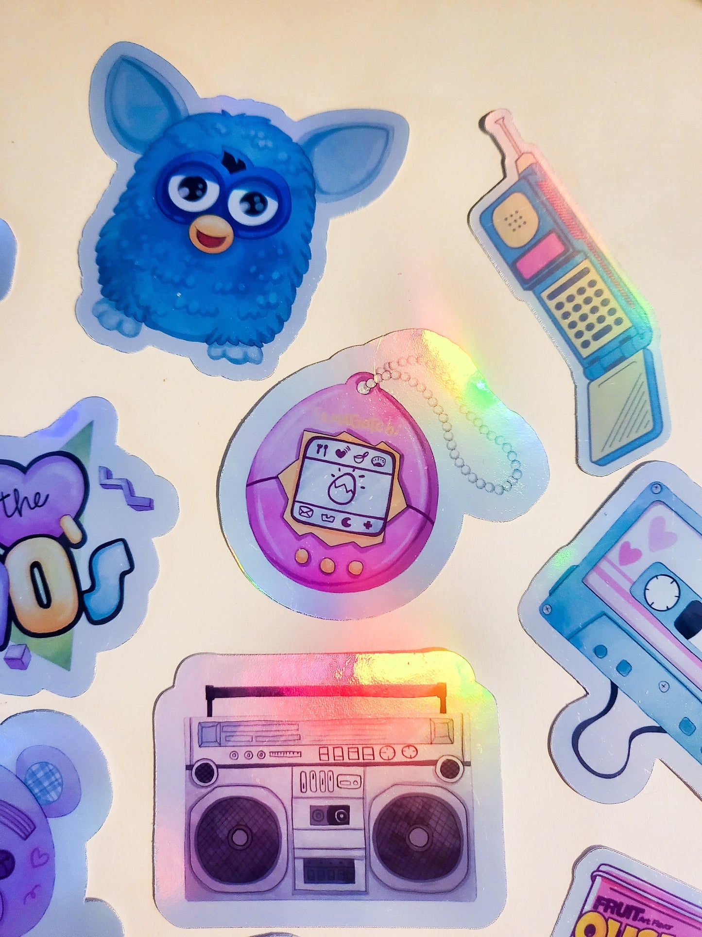 90s Pastel Nostalgia Sticker Set -Pack of 14 Holographic Stickers - 1990s retro vintage gameboy furby cassette ringpop doodlebear tamagotchi