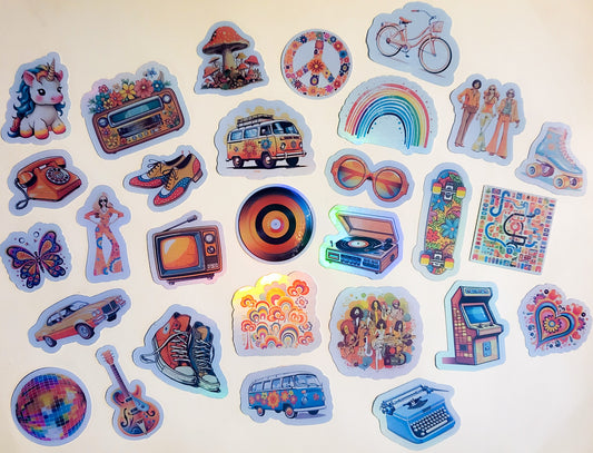 70s Nostalgia Sticker Set - Pack of 29 Holographic or Glossy Stickers - 1970s retro vintage converse vw bus rainbow hippie peace disco skate