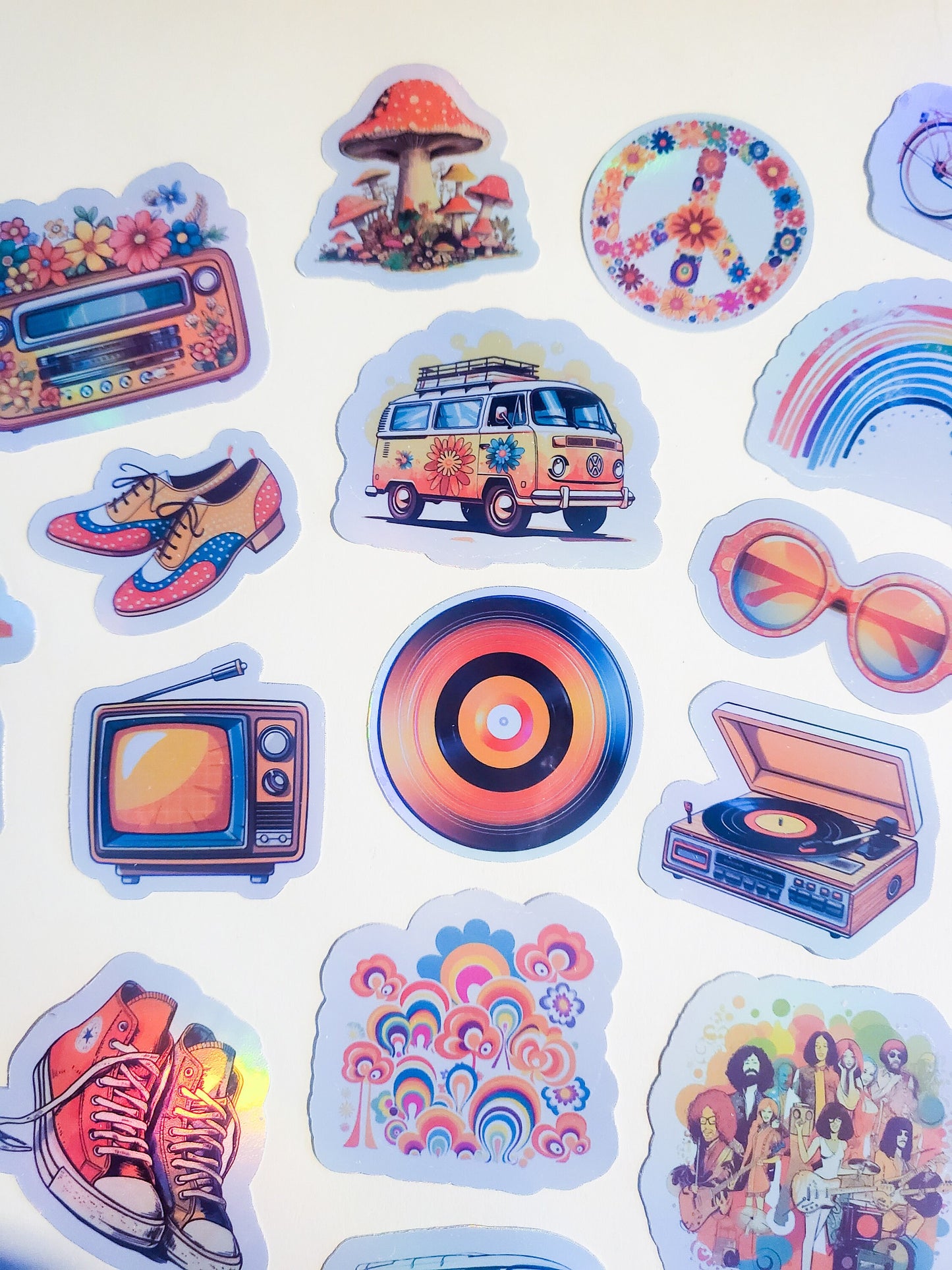 70s Nostalgia Sticker Set - Pack of 29 Holographic or Glossy Stickers - 1970s retro vintage converse vw bus rainbow hippie peace disco skate