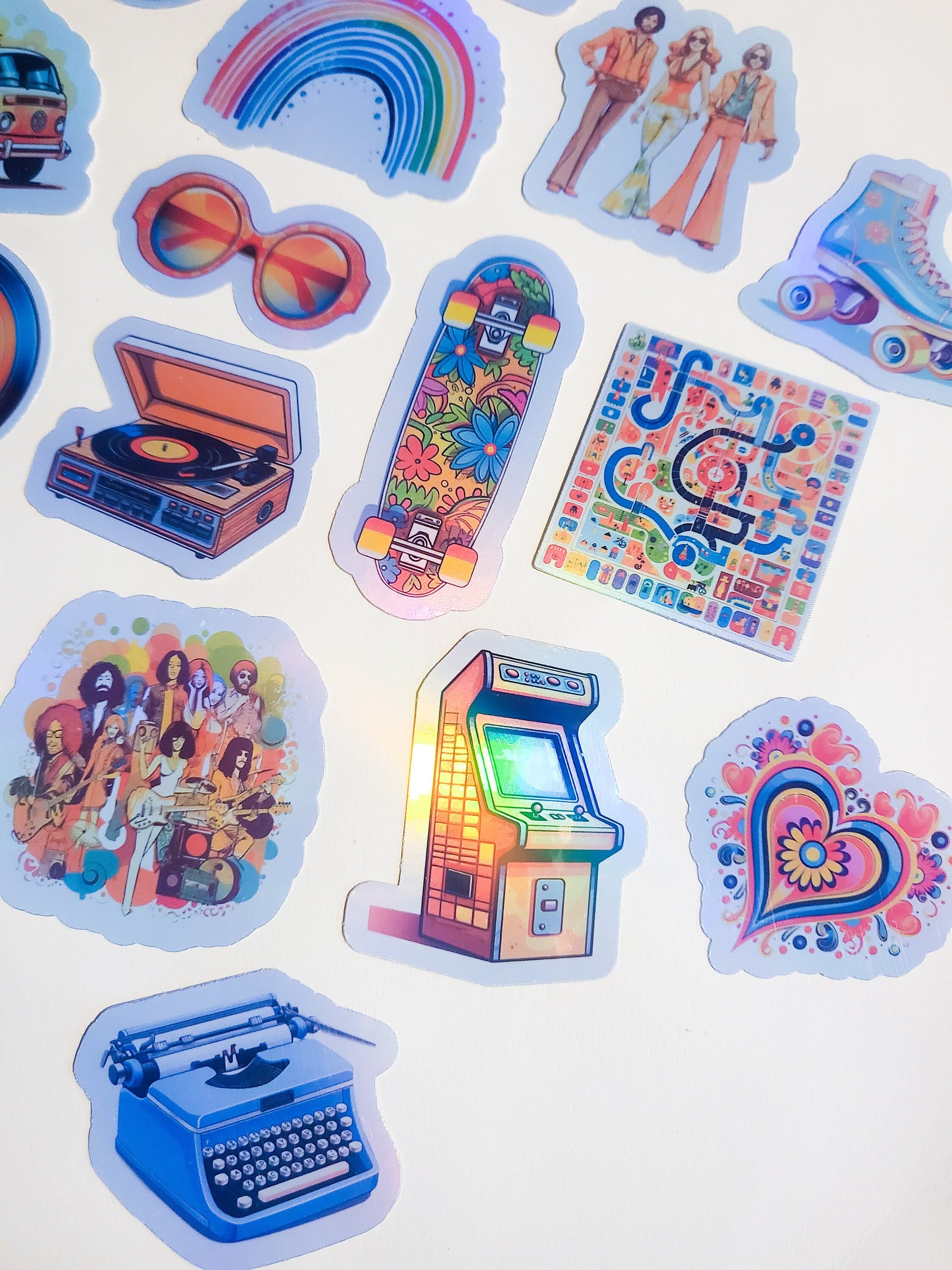 70s Nostalgia Sticker Set - Pack of 29 Holographic or Glossy Stickers - 1970s retro vintage converse vw bus rainbow hippie peace disco skate