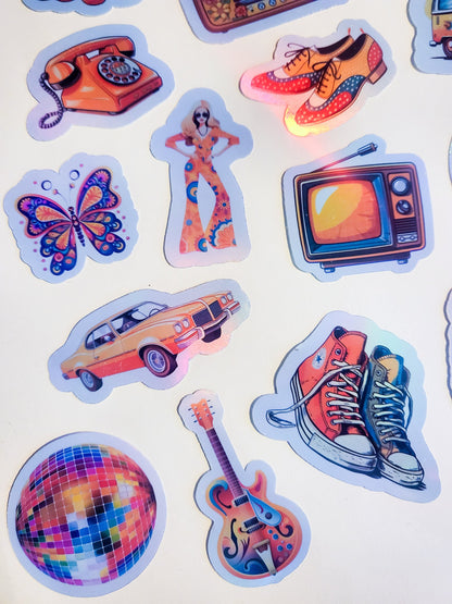 70s Nostalgia Sticker Set - Pack of 29 Holographic or Glossy Stickers - 1970s retro vintage converse vw bus rainbow hippie peace disco skate