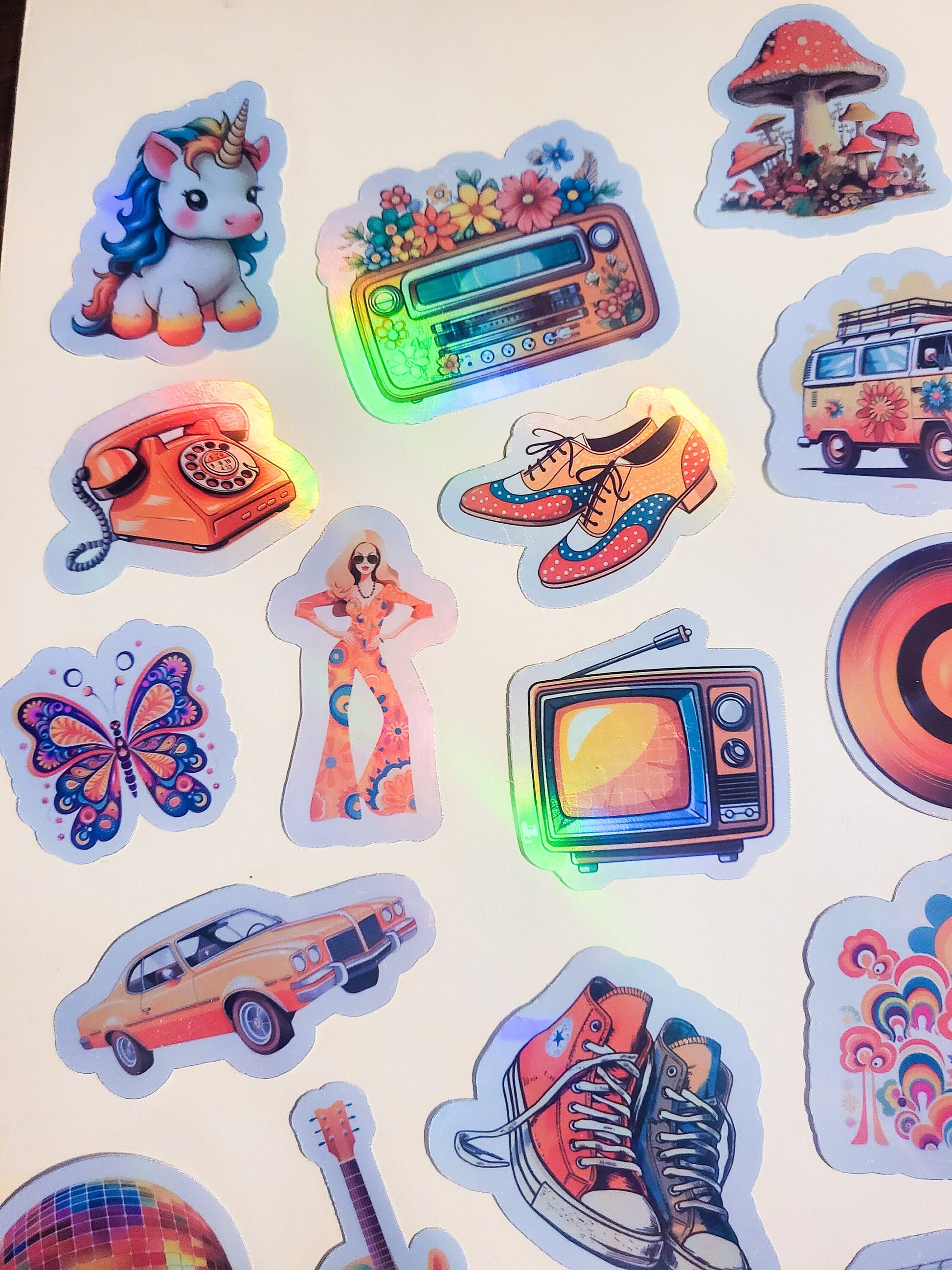 70s Nostalgia Sticker Set - Pack of 29 Holographic or Glossy Stickers - 1970s retro vintage converse vw bus rainbow hippie peace disco skate