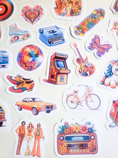 70s Nostalgia Sticker Set - Pack of 29 Holographic or Glossy Stickers - 1970s retro vintage converse vw bus rainbow hippie peace disco skate