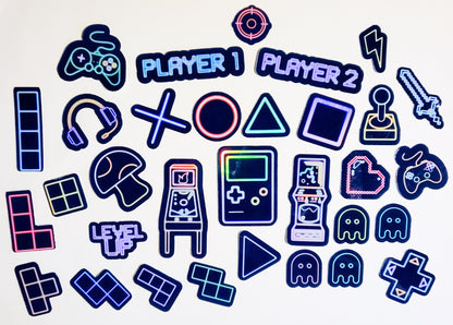 Neon Gamer Sticker Set - Pack of 32 Holographic Stickers - video game arcade gameboy controller player 1 2 level up mushroom pinball tetris