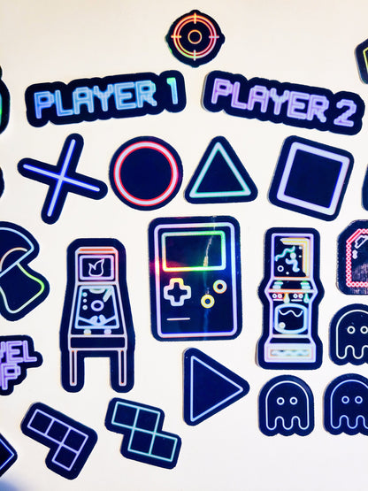 Neon Gamer Sticker Set - Pack of 32 Holographic Stickers - video game arcade gameboy controller player 1 2 level up mushroom pinball tetris