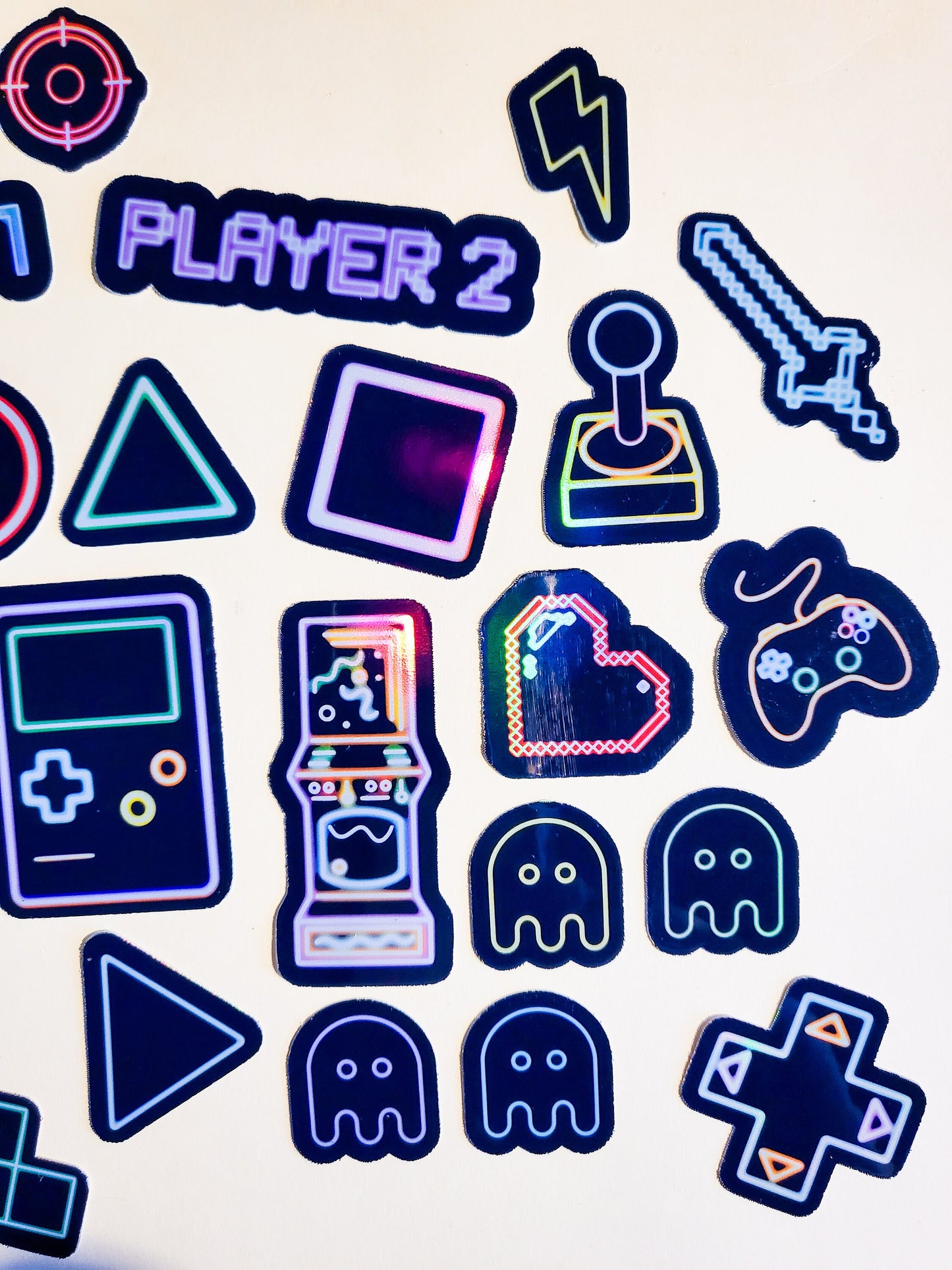 Neon Gamer Sticker Set - Pack of 32 Holographic Stickers - video game arcade gameboy controller player 1 2 level up mushroom pinball tetris