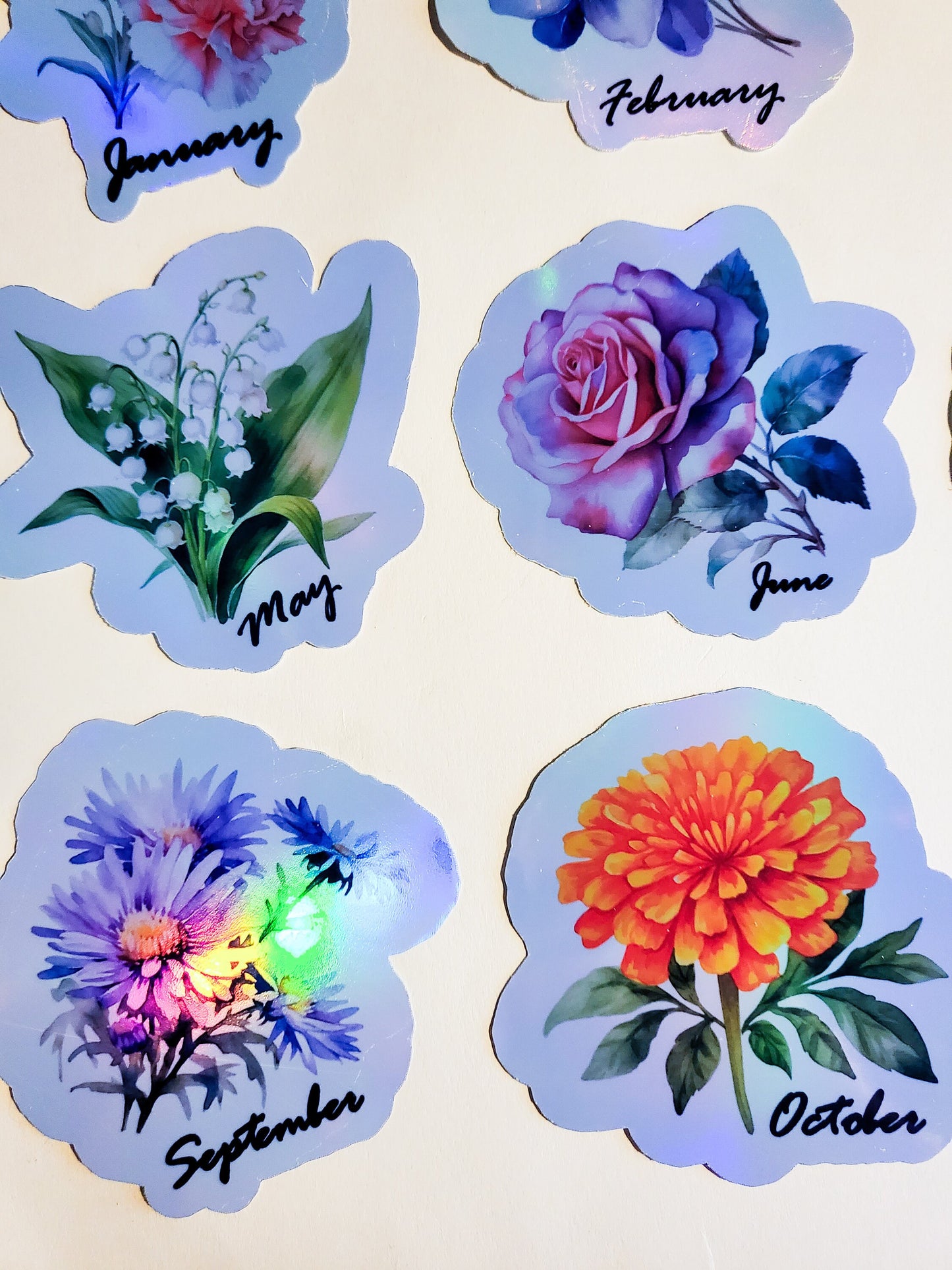 Birth Month Flower Holographic Stickers - Set of 12 or Single Sticker - approx. 3" - floral birthday gift carnation rose violet lily daisy