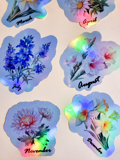 Birth Month Flower Holographic Stickers - Set of 12 or Single Sticker - approx. 3" - floral birthday gift carnation rose violet lily daisy