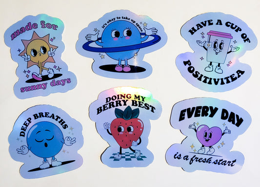 Good Vibes Retro Stickers - Set of 6 or Single Sticker - Holographic Approx. 3" - mental health positive energy affirmations take up space