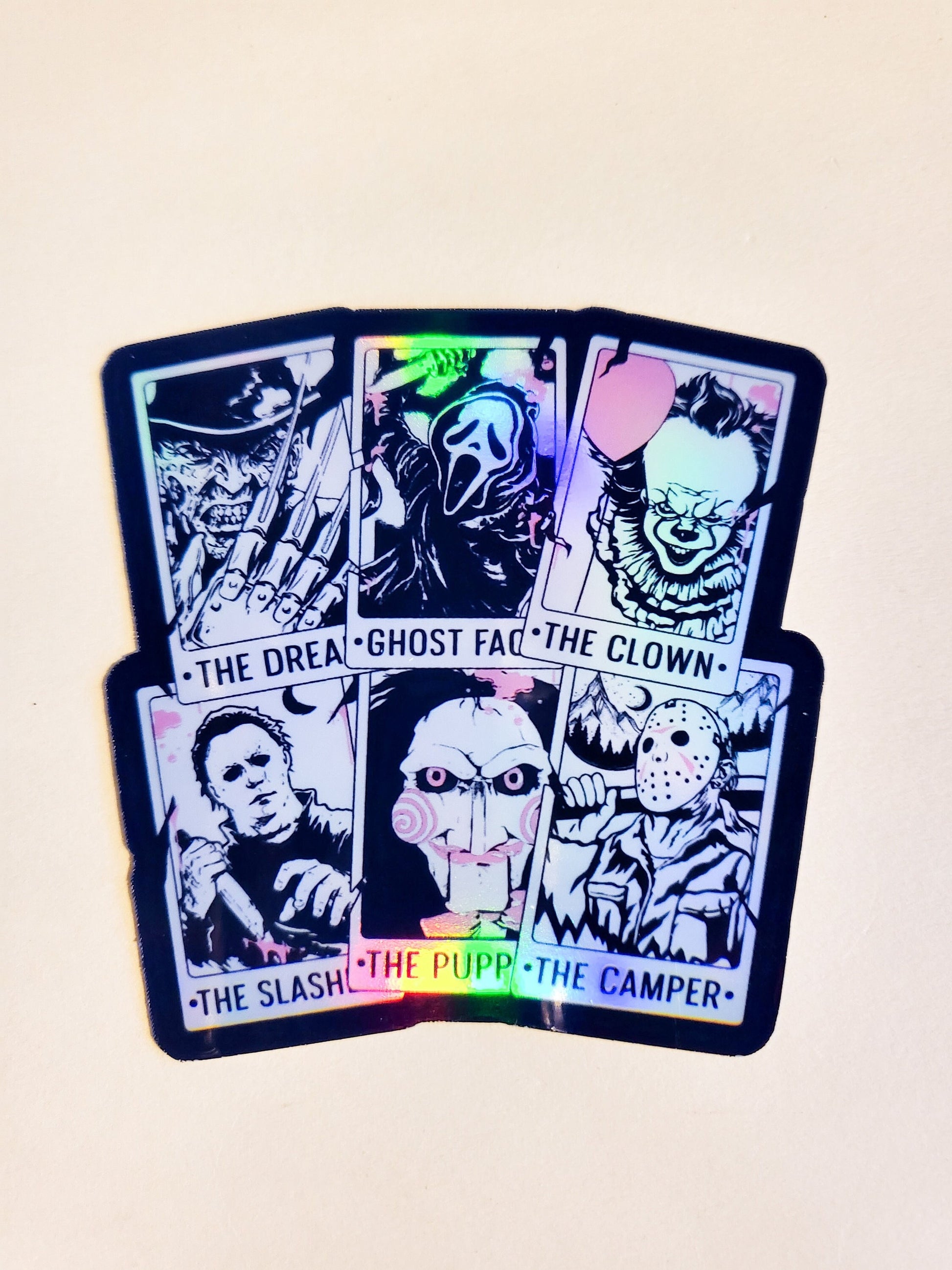 Horror Character Tarot Sticker - 3" x 3.1" - holographic - slasher movie clown pennywise jason michael freddy ghostface scream jigsaw scary