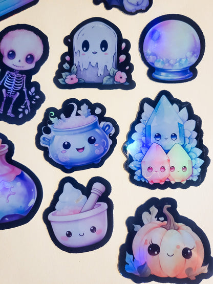 Pastel Goth Sticker Set - Pack of 16 Holographic Stickers - kawaii cute black pink purple skeleton witchy witch hat cat coffin crystal ball