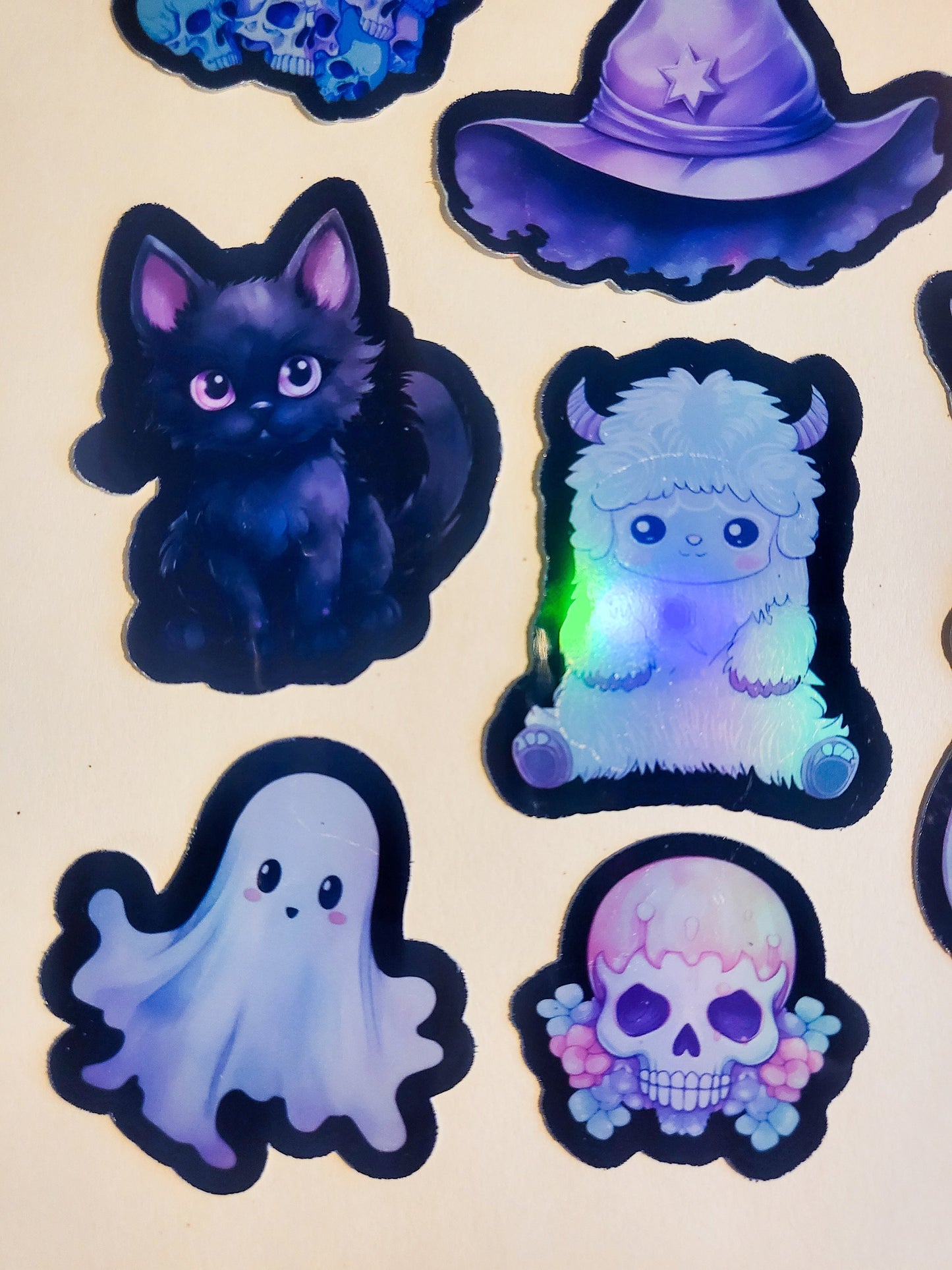 Pastel Goth Sticker Set - Pack of 16 Holographic Stickers - kawaii cute black pink purple skeleton witchy witch hat cat coffin crystal ball