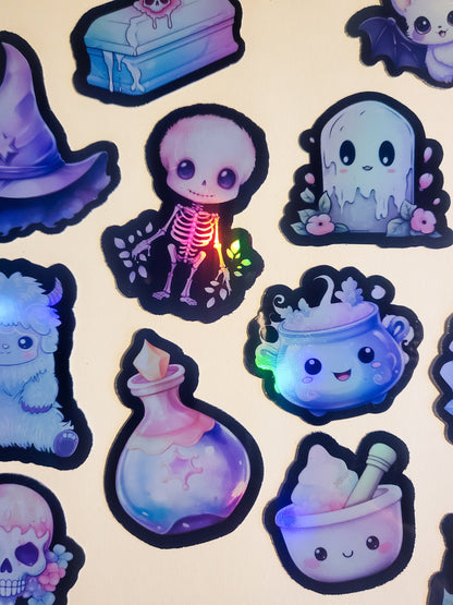 Pastel Goth Sticker Set - Pack of 16 Holographic Stickers - kawaii cute black pink purple skeleton witchy witch hat cat coffin crystal ball