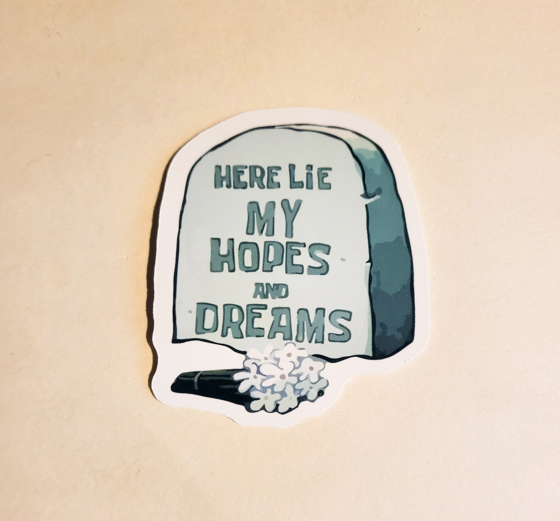 Here Lie My Hopes and Dreams Sticker - Glossy 2.2" x 2.5"- stickers decal tombstone grave sponge cartoon nickelodeon