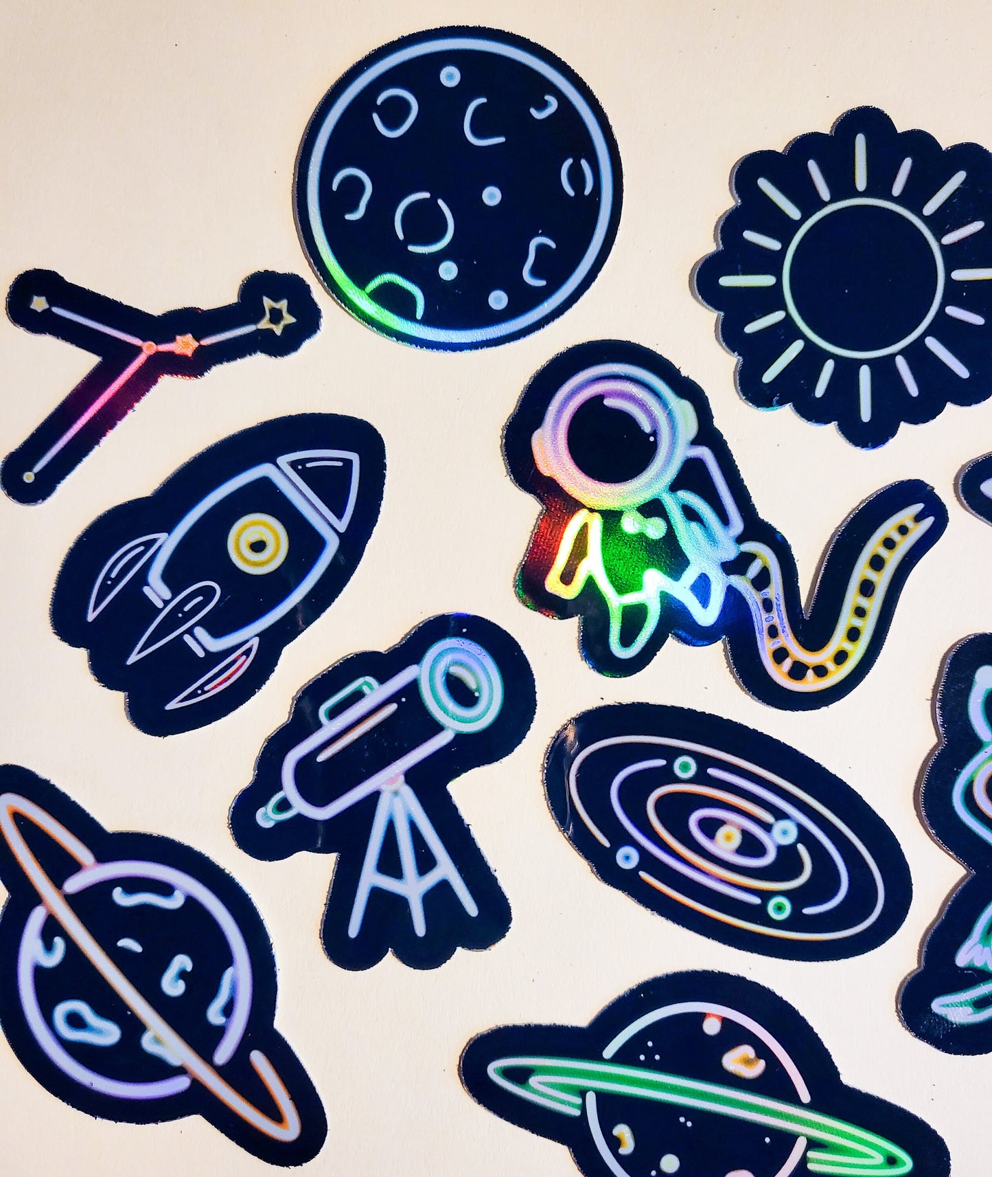 Neon Space Vibes Sticker Set - Pack of 18 Holographic Stickers - outerspace alien planets moon sun star rocket asteroid celestial astronomy