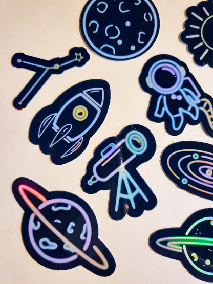 Neon Space Vibes Sticker Set - Pack of 18 Holographic Stickers - outerspace alien planets moon sun star rocket asteroid celestial astronomy