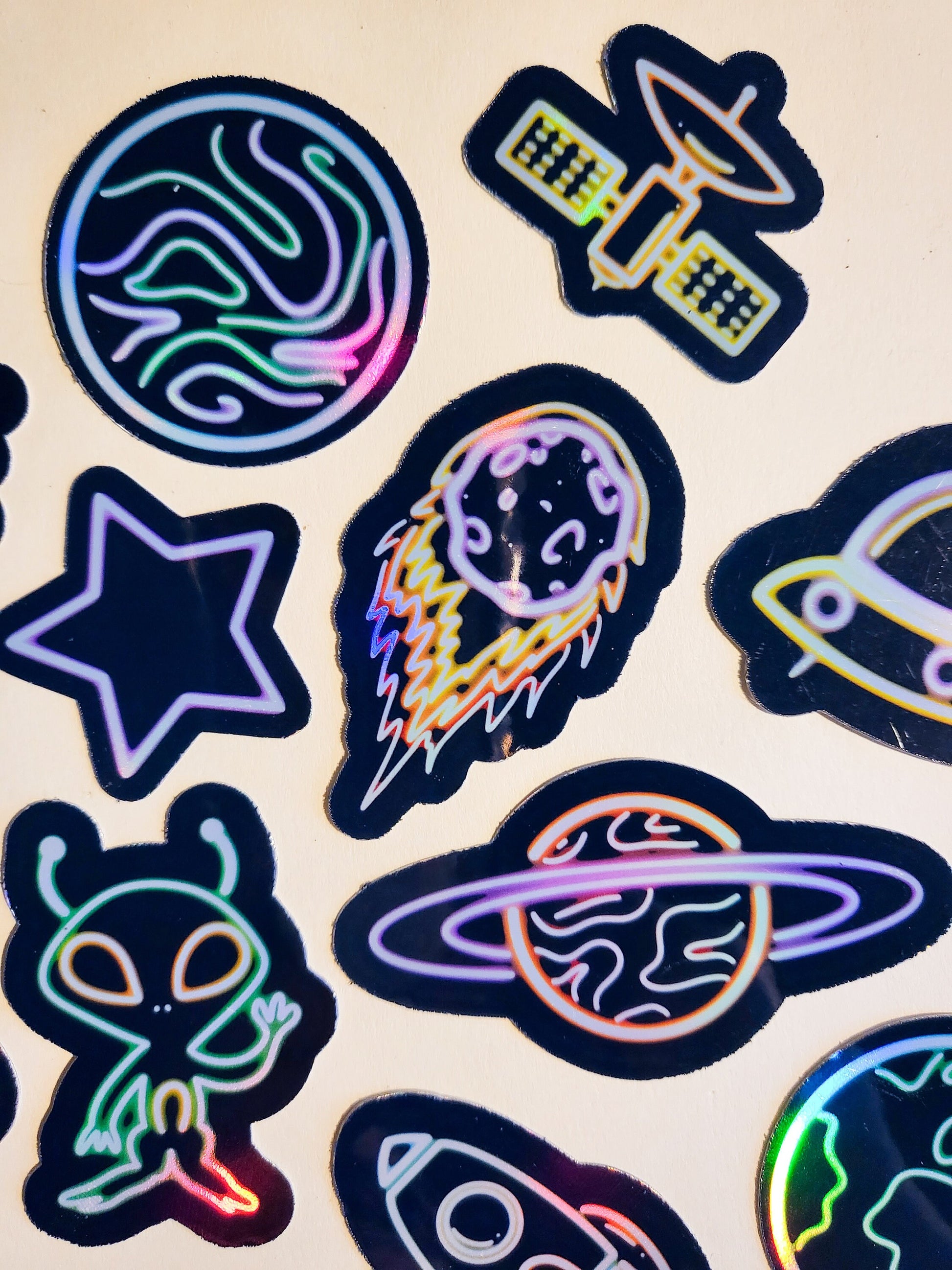 Neon Space Vibes Sticker Set - Pack of 18 Holographic Stickers - outerspace alien planets moon sun star rocket asteroid celestial astronomy