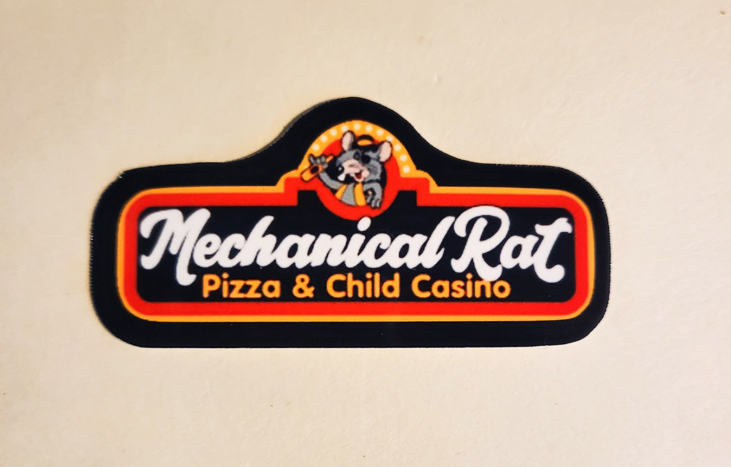 Mechanical Rat Pizza & Child Casino Sticker -Glossy 2.9" x 1.4"- stickers decal chuck e cheese funny humor gift laptop bottle planner