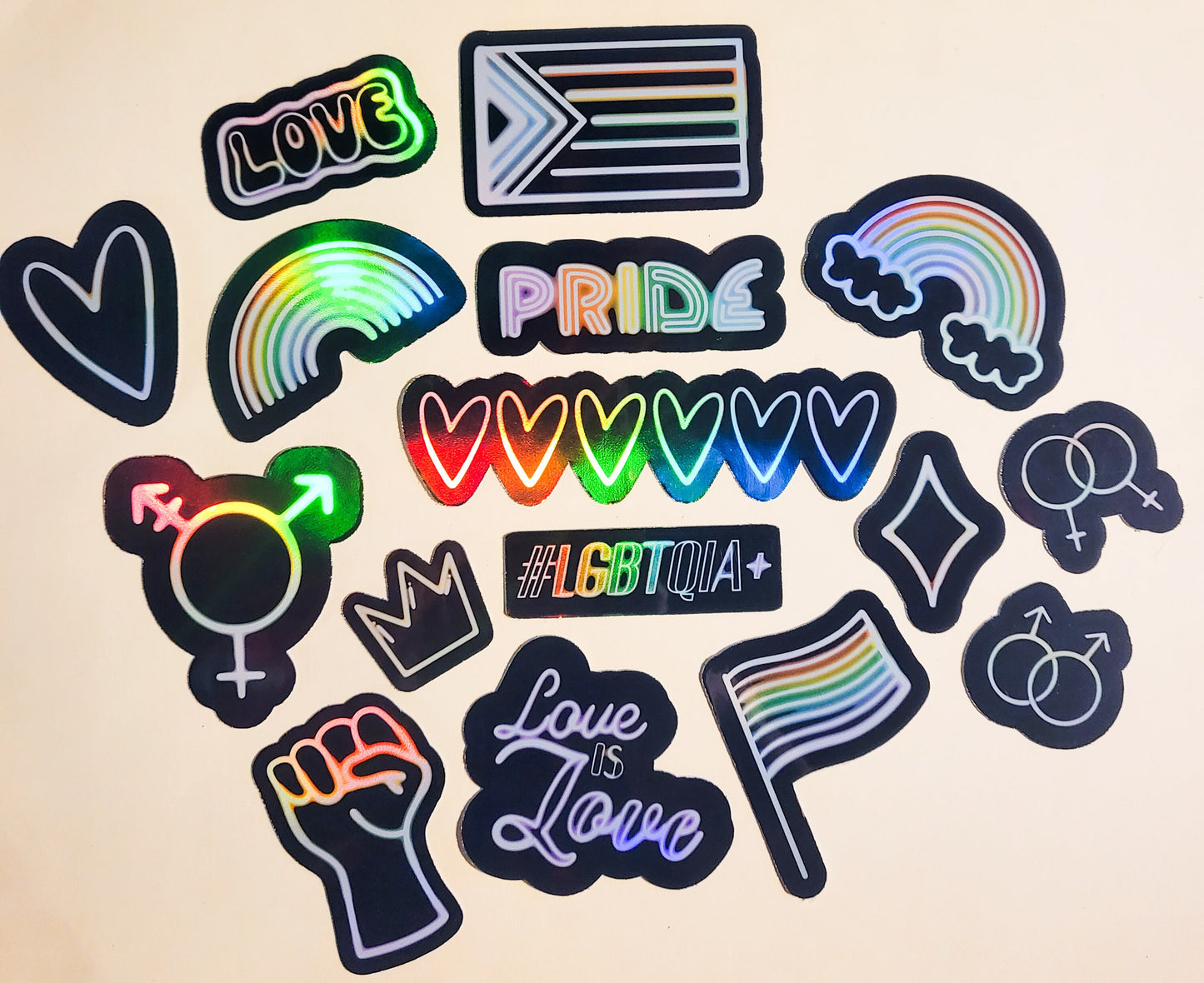 Neon Pride Sticker Set - Pack of 16 Holographic Stickers - LGBTIQA+ love is love rainbow flag hearts activist human rights gay lesbian bi