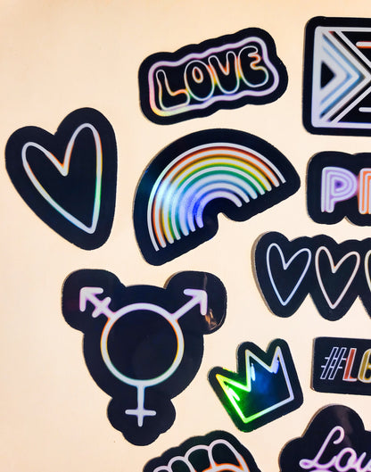 Neon Pride Sticker Set - Pack of 16 Holographic Stickers - LGBTIQA+ love is love rainbow flag hearts activist human rights gay lesbian bi