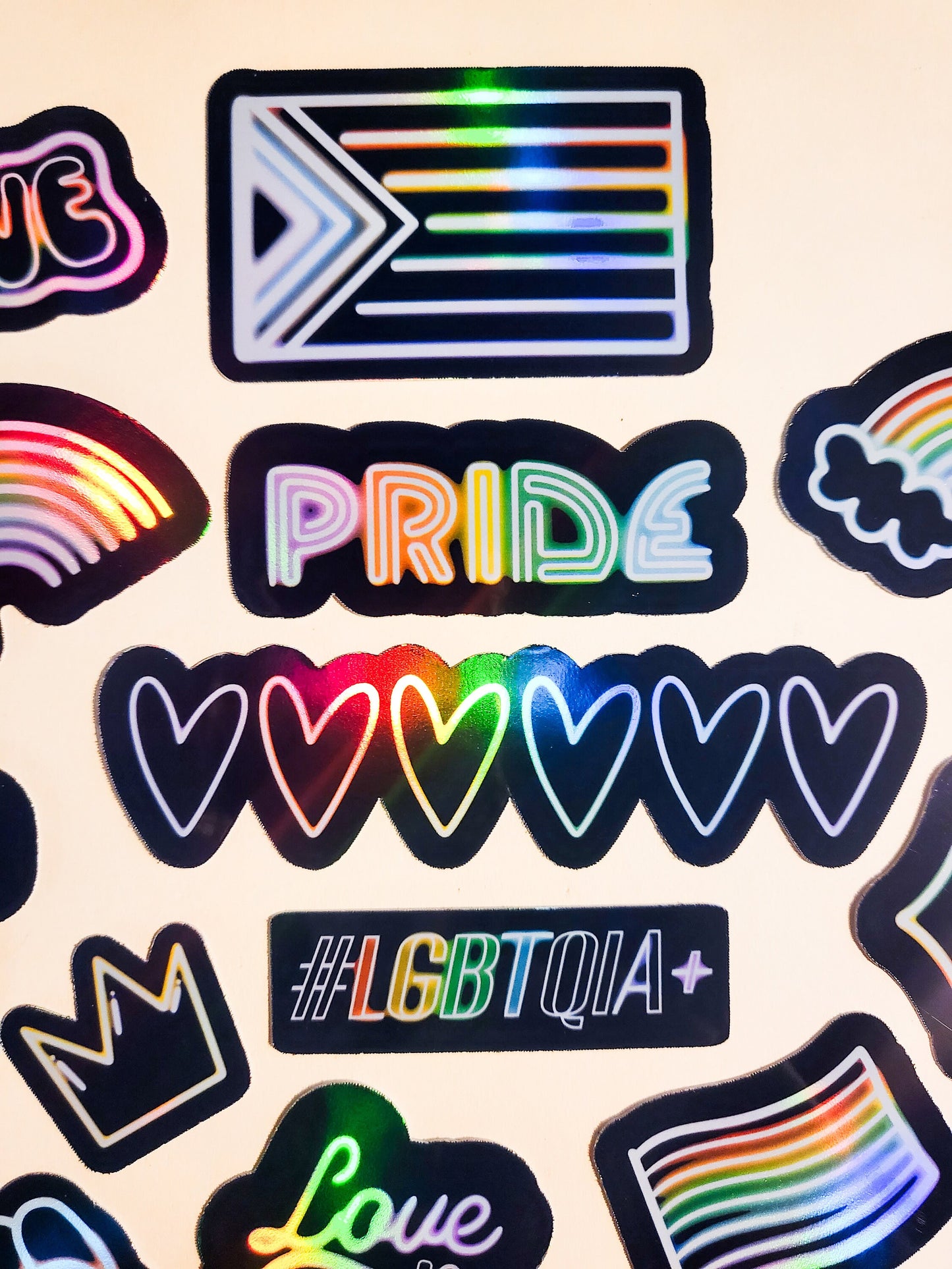 Neon Pride Sticker Set - Pack of 16 Holographic Stickers - LGBTIQA+ love is love rainbow flag hearts activist human rights gay lesbian bi