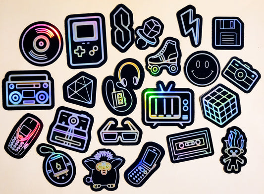 Neon Retro Tech Sticker Set -Pack of 22 Holographic Stickers - 80s 90s 1980s 1990s vintage technology nostalgia gameboy ninties eighties y2k