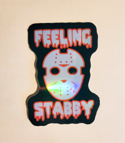 Feeling Stabby Sticker - Holographic 2.1" x 3"- stickers decal jason hockey mask halloween spooky season angry mean murder gift laptop