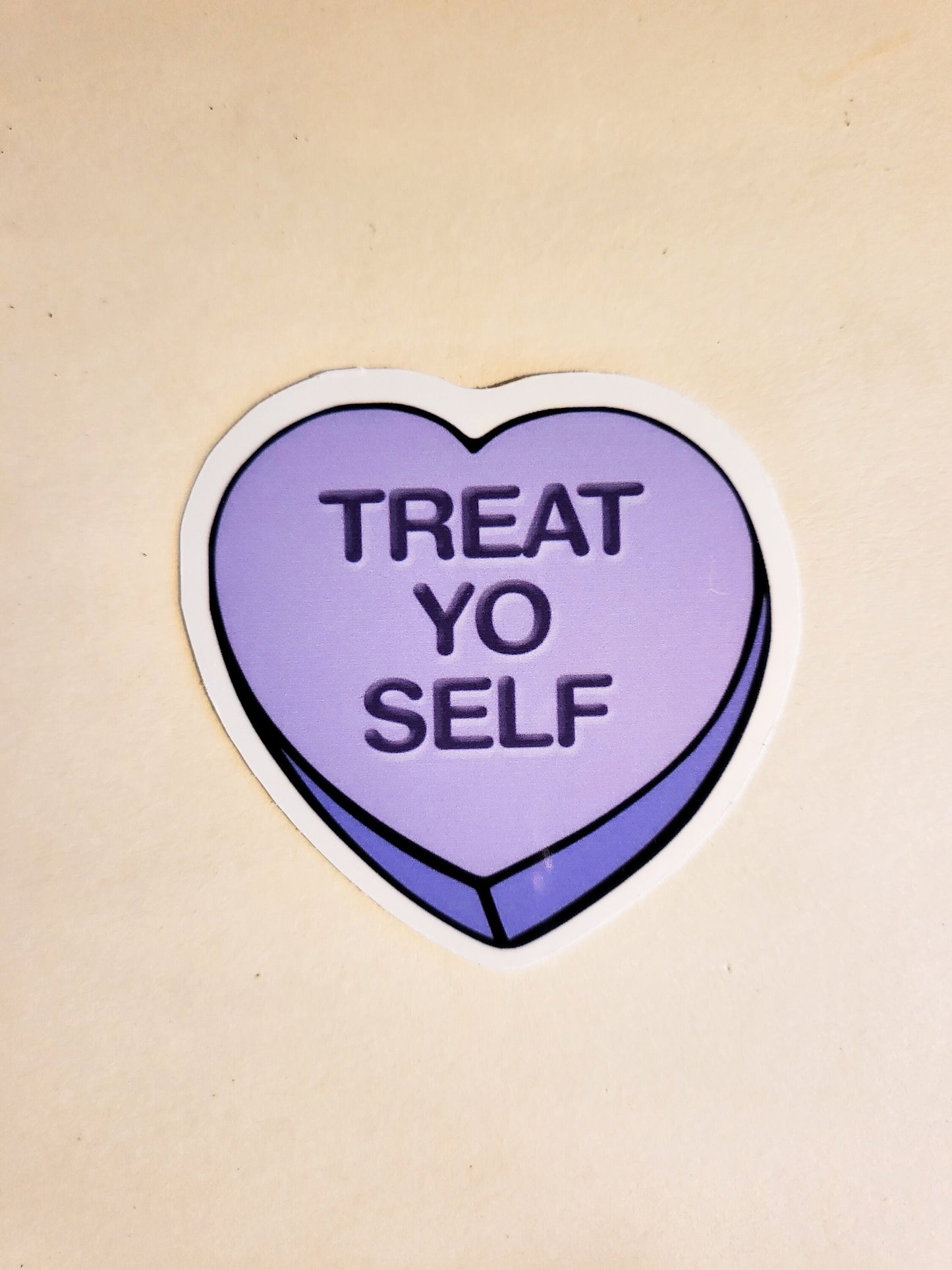 Treat Yo Self Convo Heart Sticker - Glossy or Holographic - 2.2" - conversation hearts candy valentine galentine valentines day decal cute