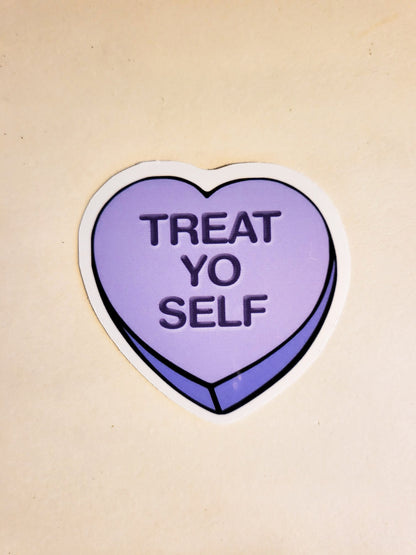 Treat Yo Self Convo Heart Sticker - Glossy or Holographic - 2.2" - conversation hearts candy valentine galentine valentines day decal cute