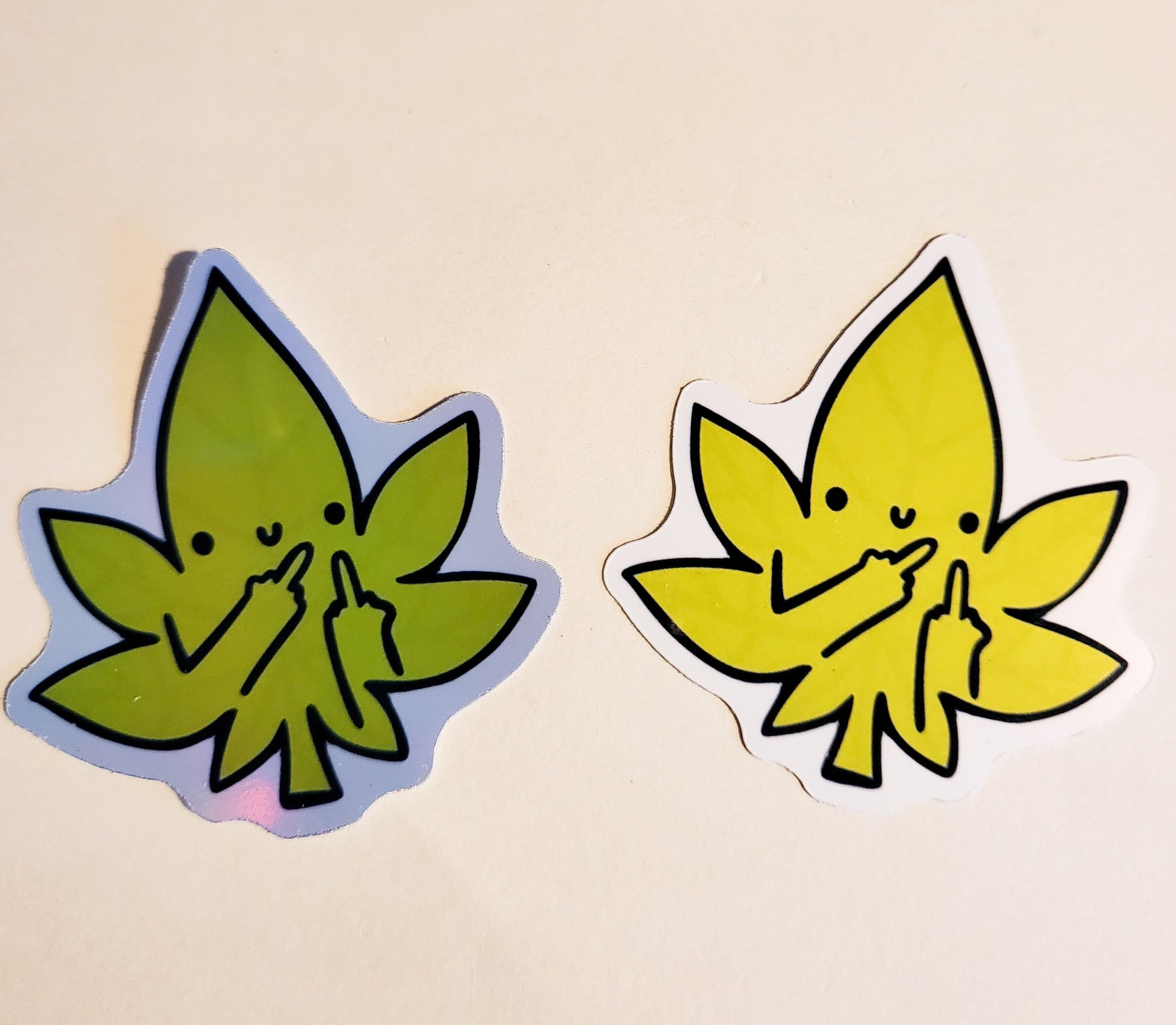 Middle Finger Pot Leaf Sticker - Glossy or Holographic -2.3" x 2.4" - decal stoner 420 marijuana weed stoner high stickers cannabis flip