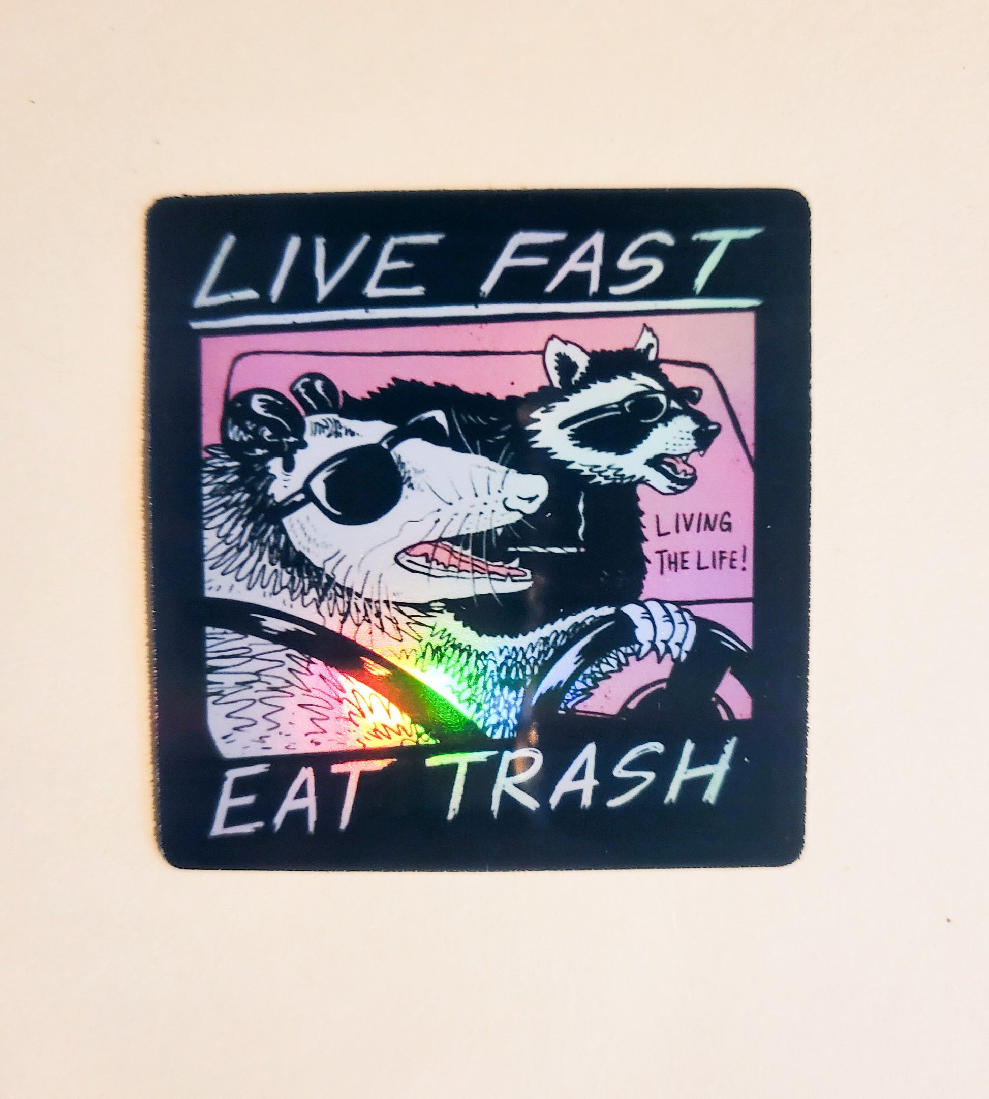 Live Fast Eat Trash Sticker - Holographic 2.2"- racoon opossum garbage black pink