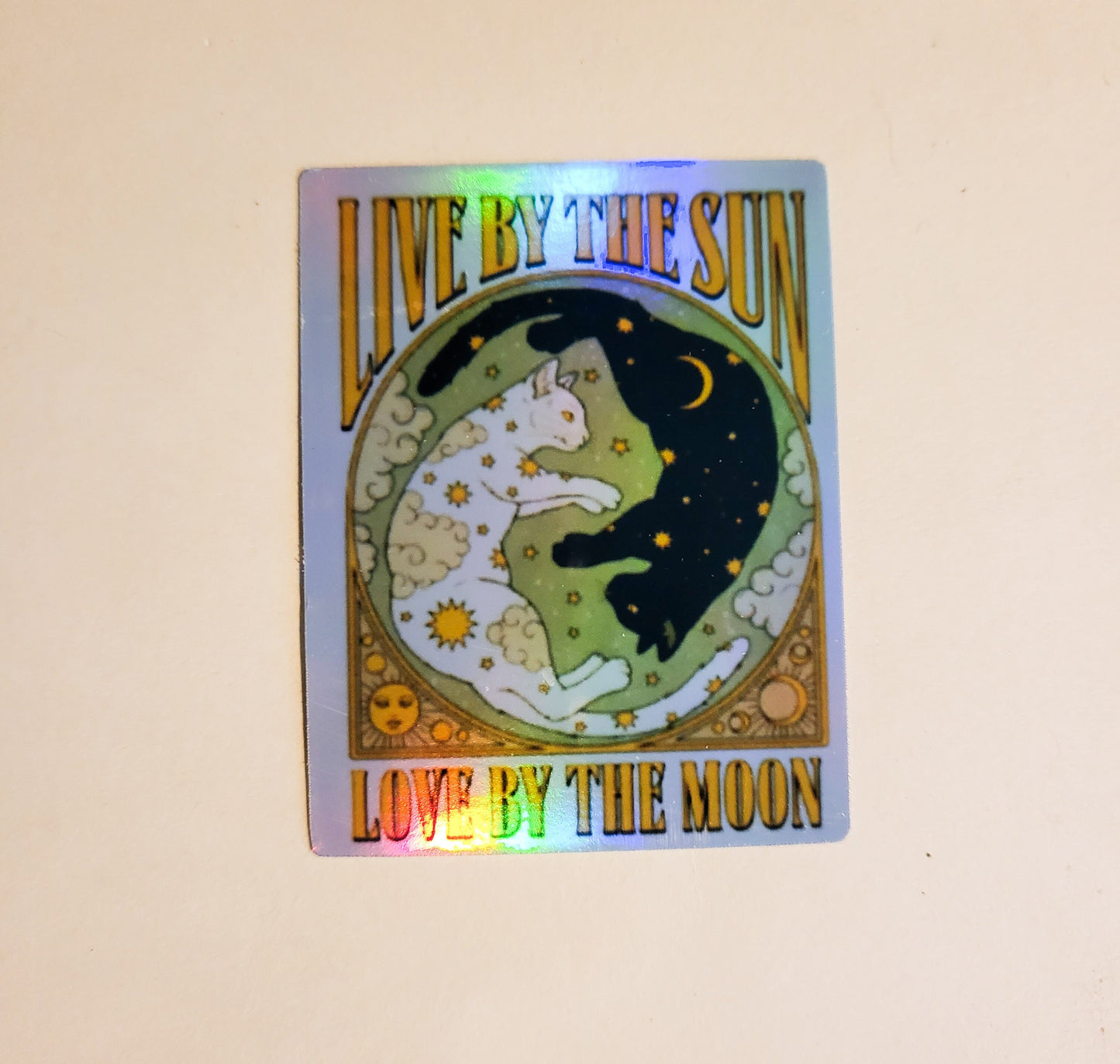 Live by the Sun, Love by the Moon Sticker - Holographic 2.1" x 2.7"- celestial stars cats cat black white yin yang laptop hydroflask