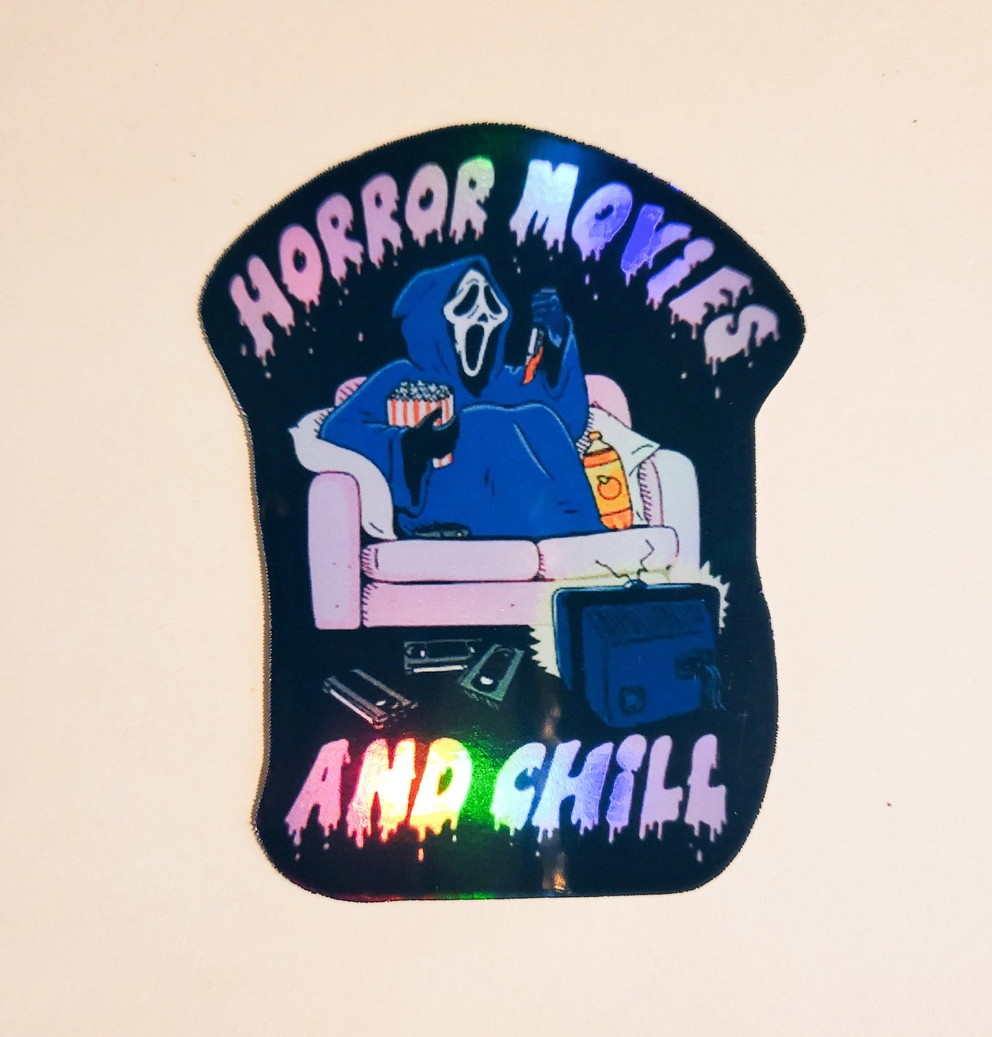 Horror Movies & Chill Sticker - Holographic 2.3" x 3" - stickers decal slasher horror scary spooky season creepy gift scream ghostface ghost