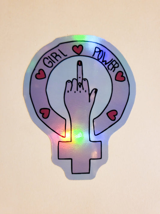 Girl Power Sticker - Holographic 2.3" x 3" - stickers decal middle finger girl woman female symbol feminist feminism womens rights activist