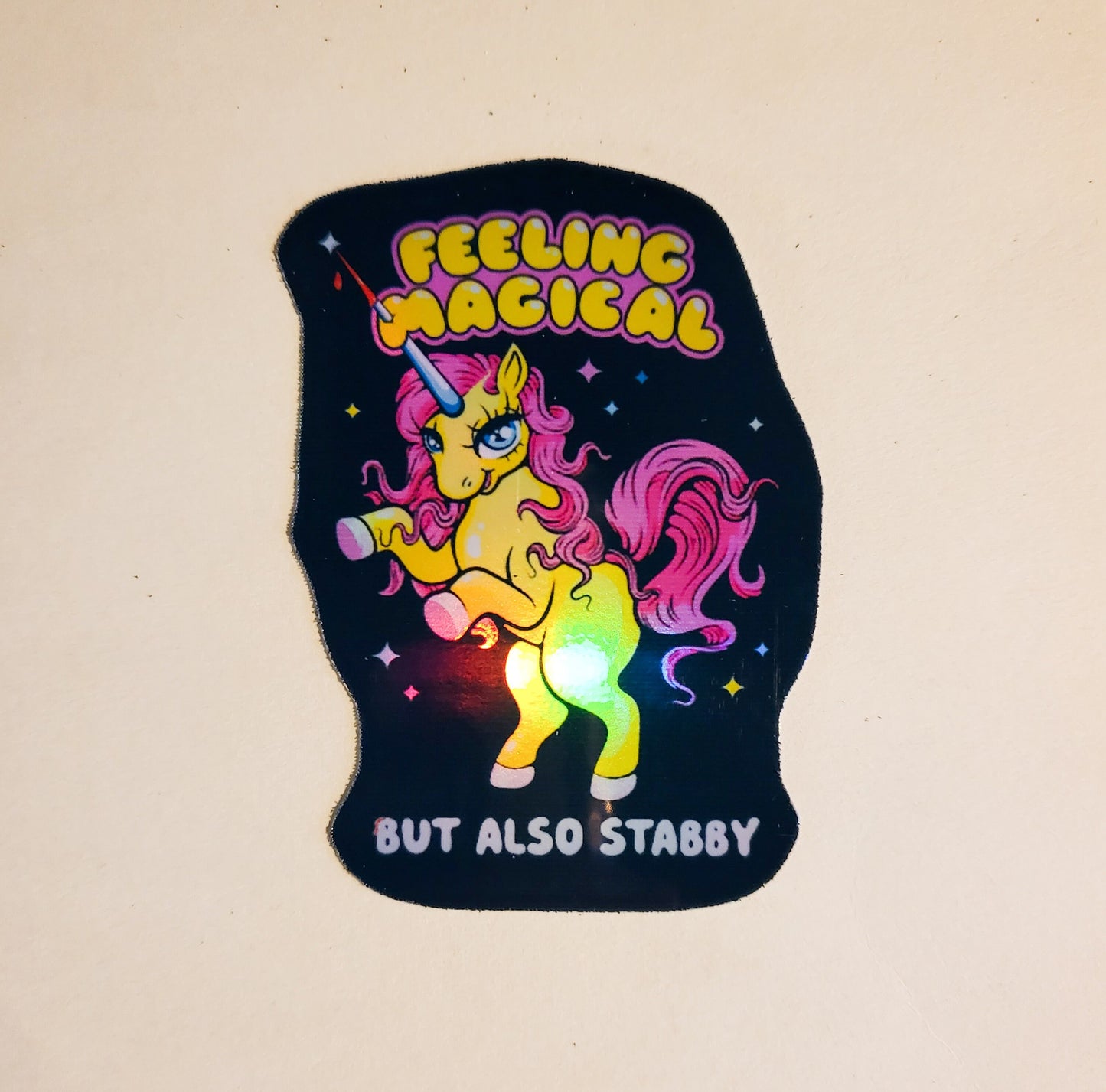 Magical but Stabby Sticker - Holographic 2.2" x 3" - decal stickers gift unicorn cute black yellow pink laptop water bottle hydroflask