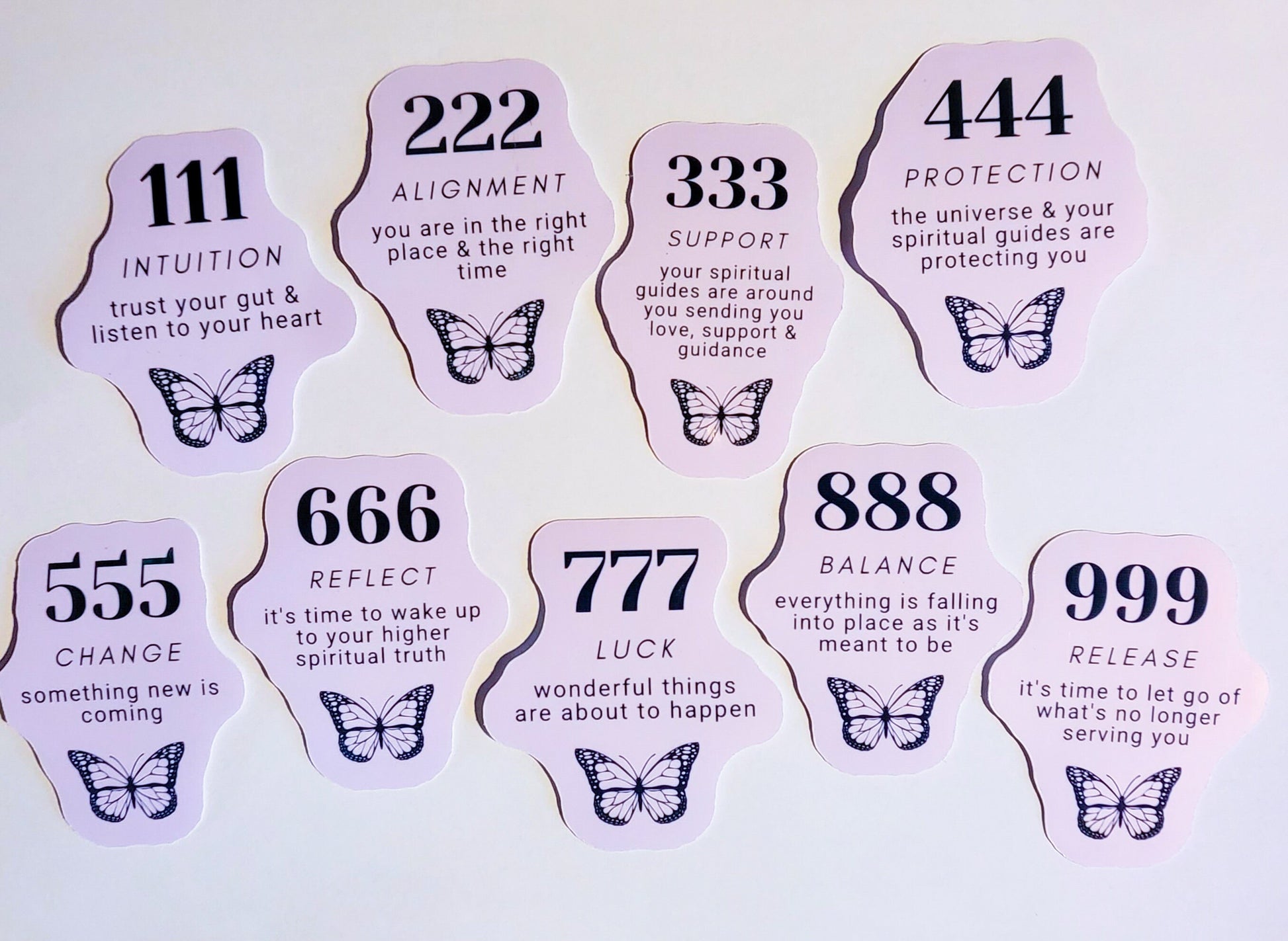 Angel Number Sticker Set - Pack of 9 Stickers - decal 111 222 333 444 555 666 777 888 999 meanings butterfly reading affirmation numbers