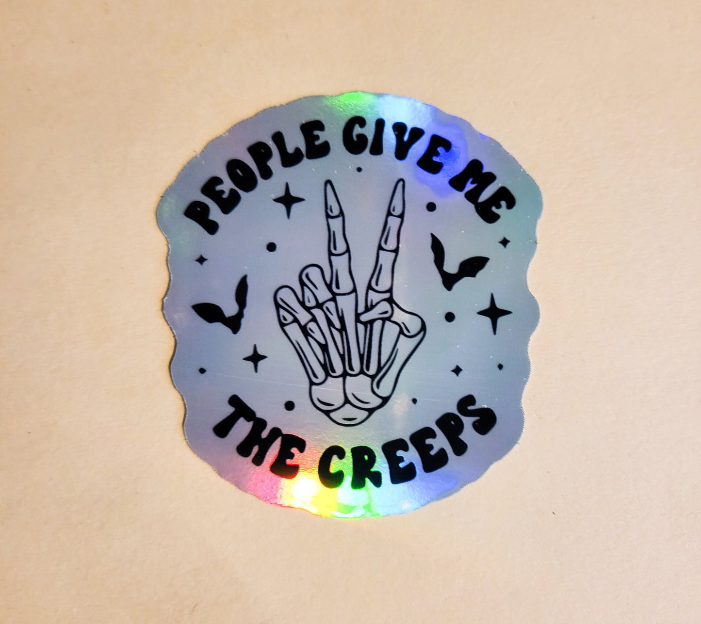 People Give Me the Creeps Sticker - Holographic 2.3" x 2.5"- stickers decal skeleton hand peace sign bats creepy antisocial gift halloween