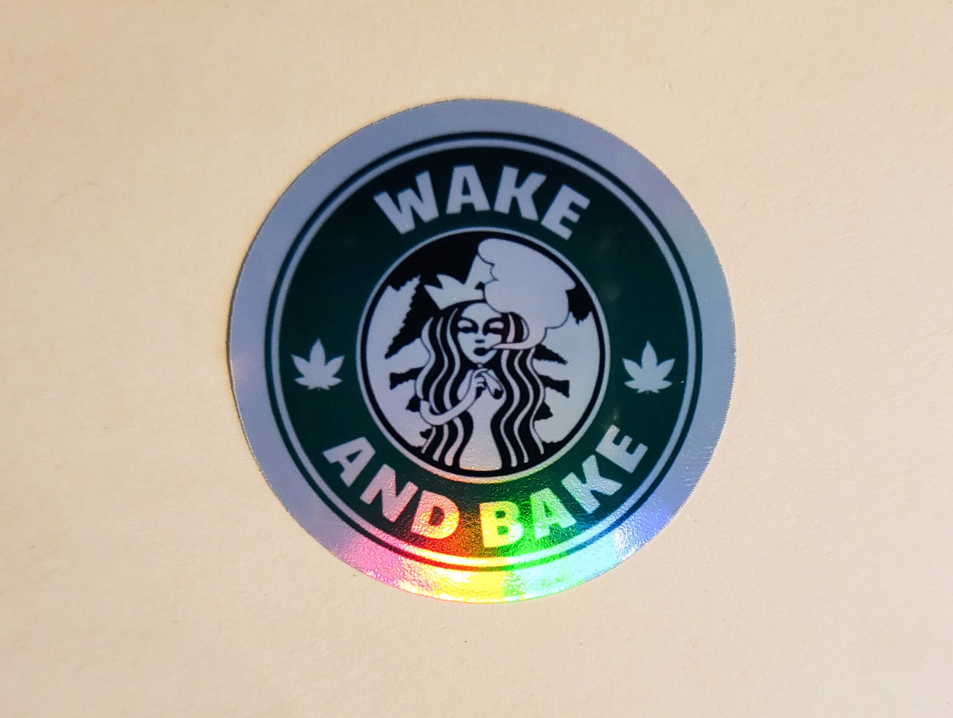 Wake & Bake Sticker - Glossy or Holographic - 2.2"- stickers decal starbucks coffee weed 420 stoner pothead morning cannabis pot leaf gift