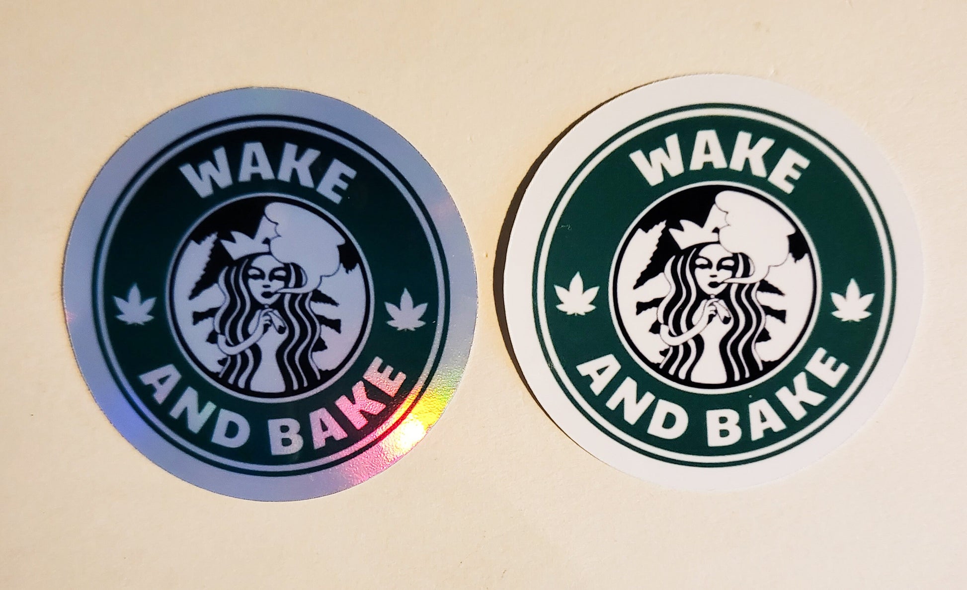 Wake & Bake Sticker - Glossy or Holographic - 2.2"- stickers decal starbucks coffee weed 420 stoner pothead morning cannabis pot leaf gift