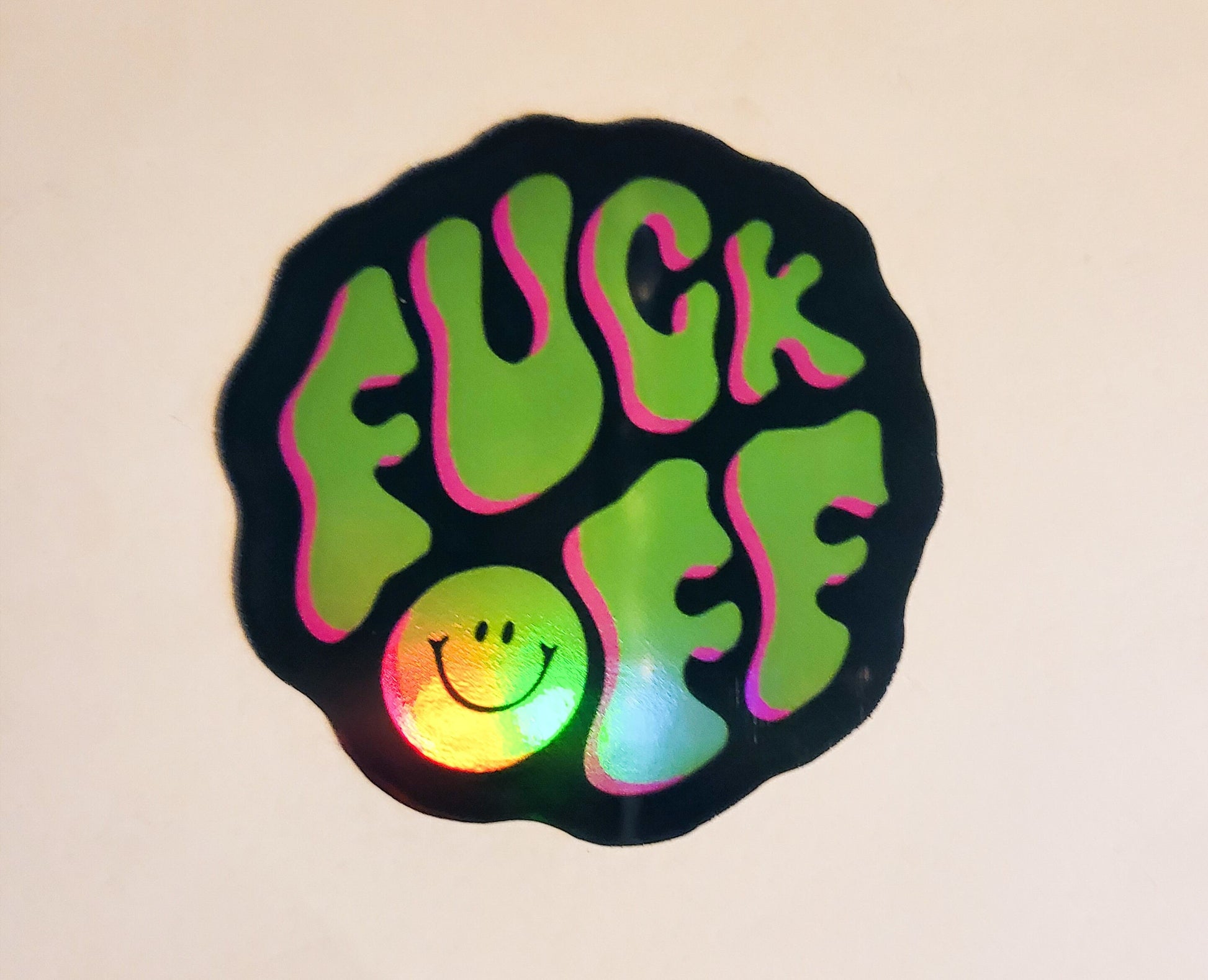 F*ck Off Sticker - Holographic 2.2"- stickers decal fuck off neon black green pink retro bubble font smile smiley face