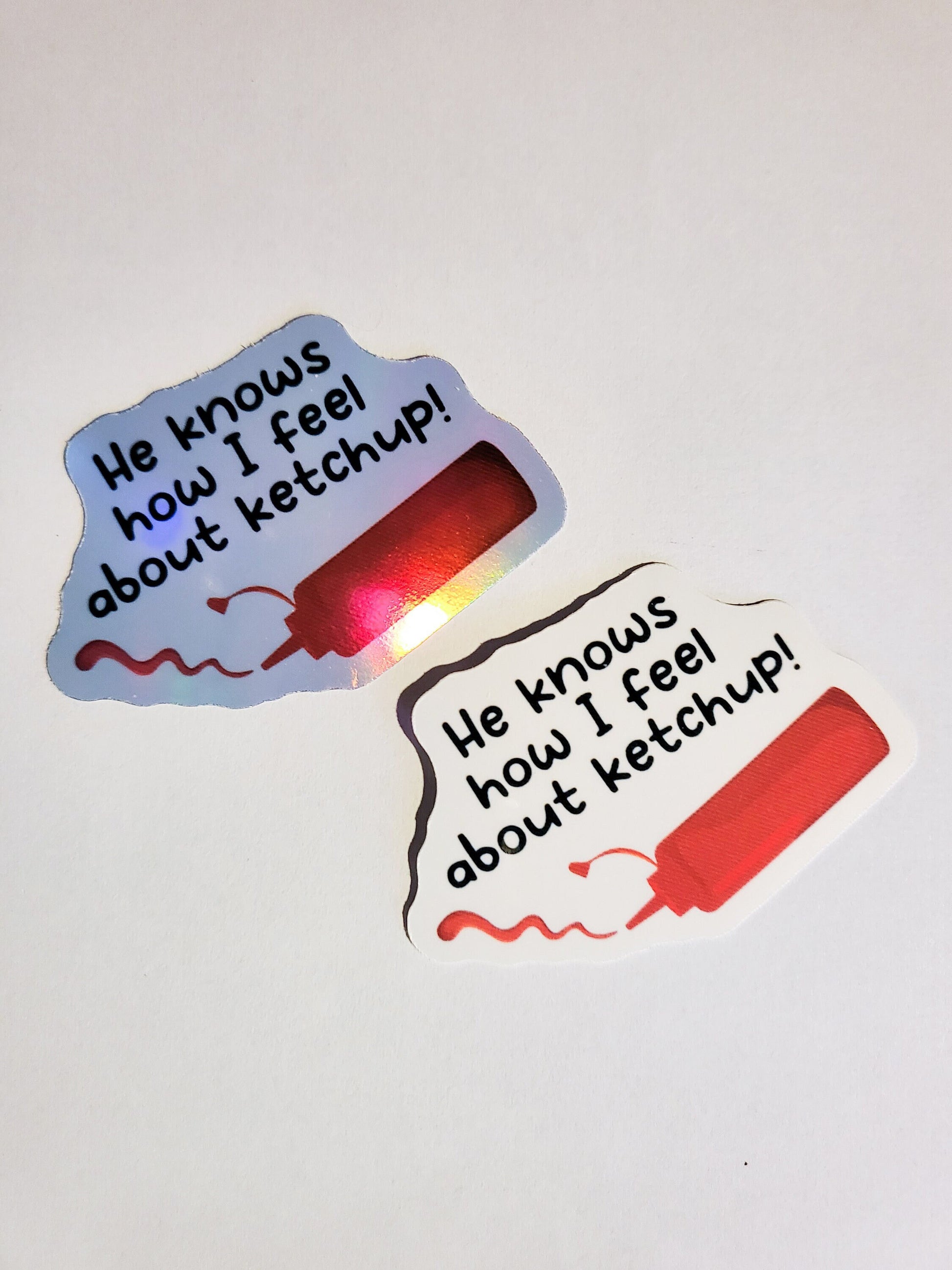 He Knows How I Feel About Ketchup Sticker -Glossy or Holographic -2.4"x2.1"- stickers decal the challenge mtv quote jemmye lavin tv reality