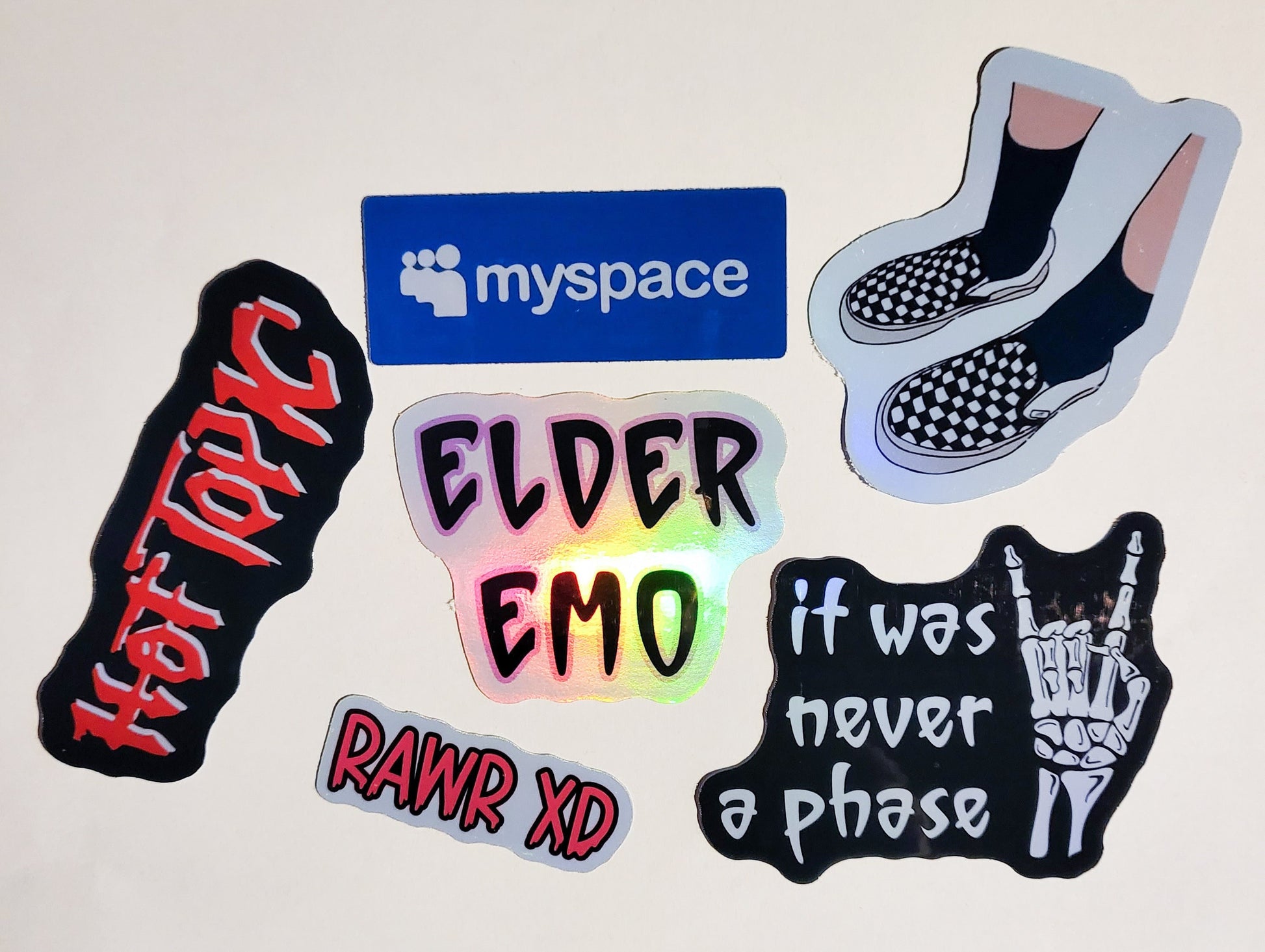 Elder Emo Sticker Set -Pack of 6 Holographic Stickers - it was never a phase checkered vans hot topic myspace rawr xd scene 2000s millennial